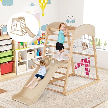 GOPLUS Triangle de Grimpe Montessori 4-en-1 avec Toboggan et Filet