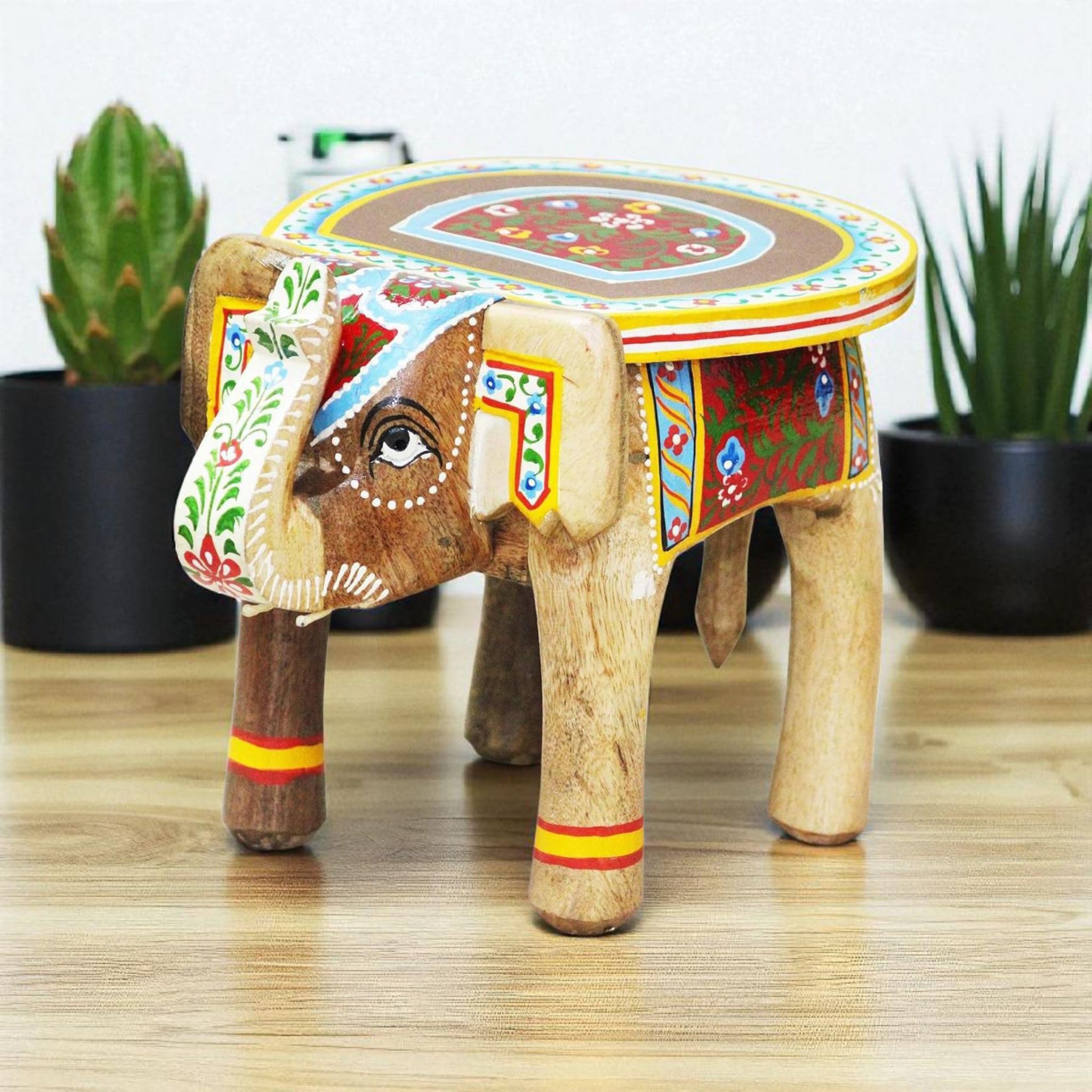 GK International Wooden Elephant Stool for Table Decoration, Handcrafted Wooden Mini Stool with Elephant Design, (Natural, Standard)-image-20