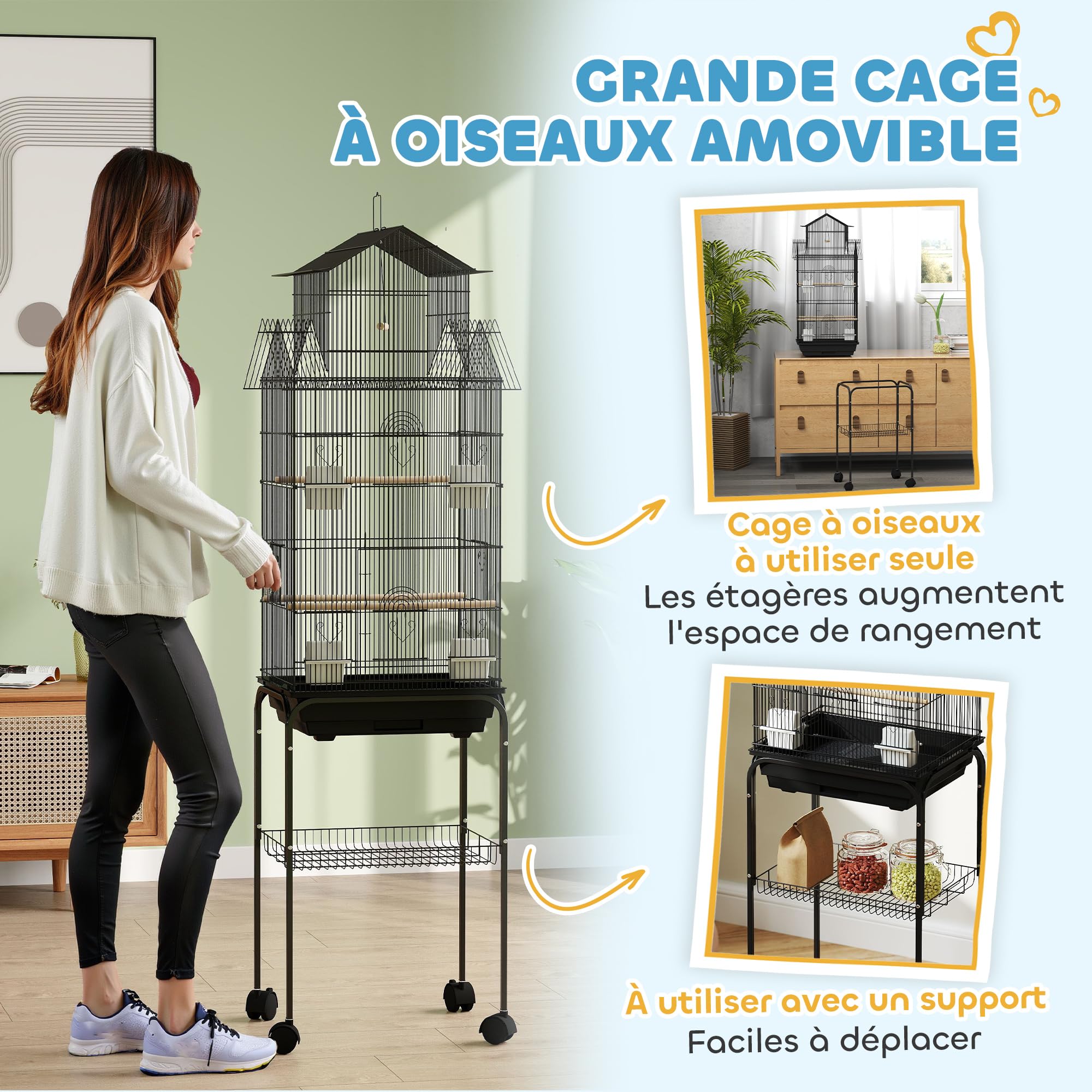 PawHut Cage à Oiseaux sur Pied, volière sur roulettes avec balançoire, poignée Portable, 4 mangeoires, Support, Design Maison, Cage pour pinsons, canaris et perruches 50,5 x 41 x 163 cm en Acier Noir