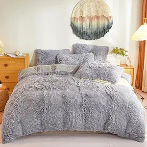 Faux Fur Fluffy Grey Comforter Cover Twin Set – Plush Faux Fur Grey Bedding 2-Piece Set (1 Furry Duvet Cover + 1 Shaggy Pillow Sham) Cozy Bed Set