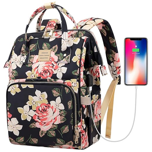 Laptop Backpack for Women,15.6 Inch Stylish College School Backpack with USB Charging Port,Water Resistant Casual Daypack Laptop Backpack for Girls/Nurse/Teacher/Travel (Flower Pattern)