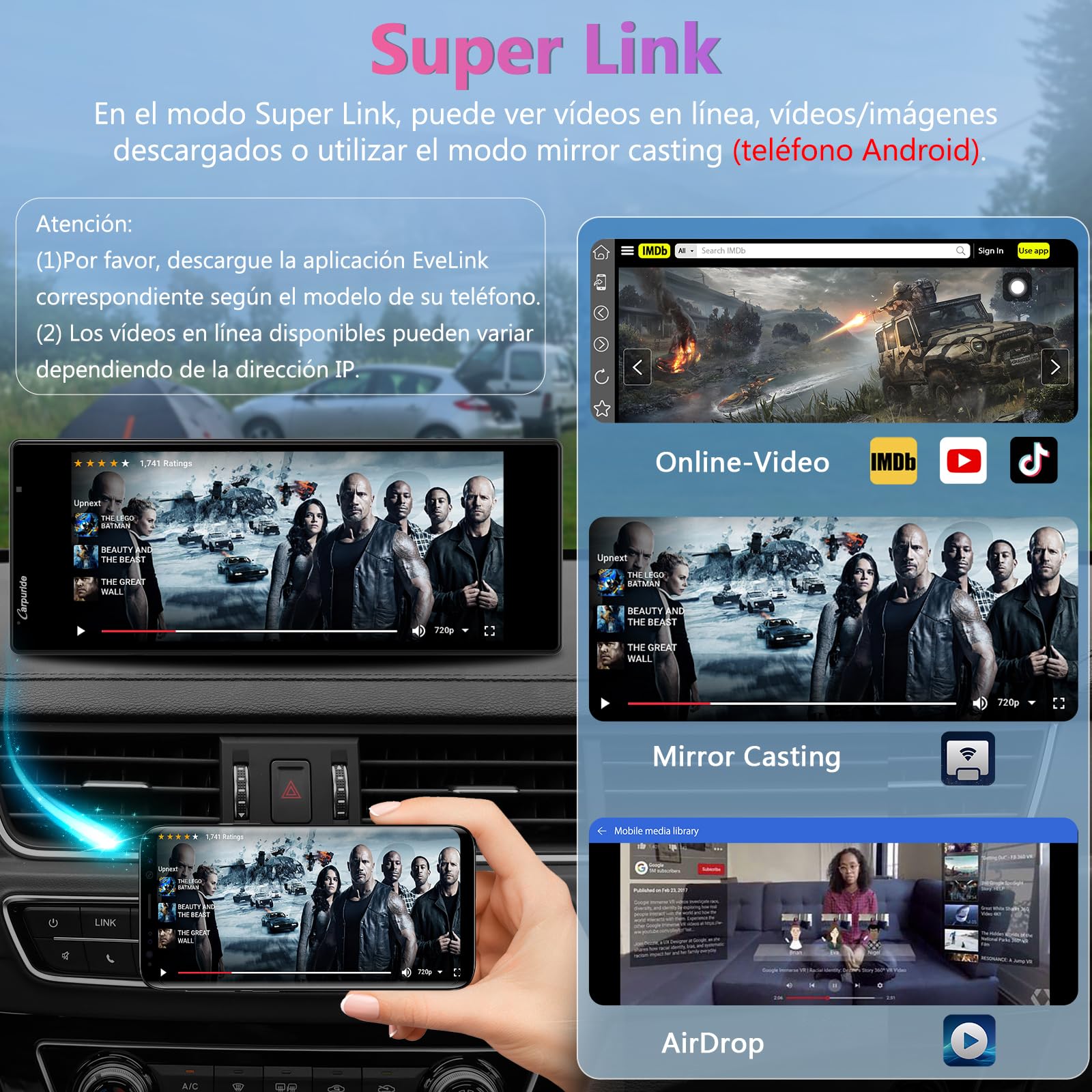 Carpuride W903 Carplay y Android Auto inalámbricos Portátiles con Cámara para Salpicadero 4K - Pantalla IPS HD de 9,3", Grabación en Bucle, Bluetooth, Mirror Link, GPS, Siri, Montaje en Salpicadero