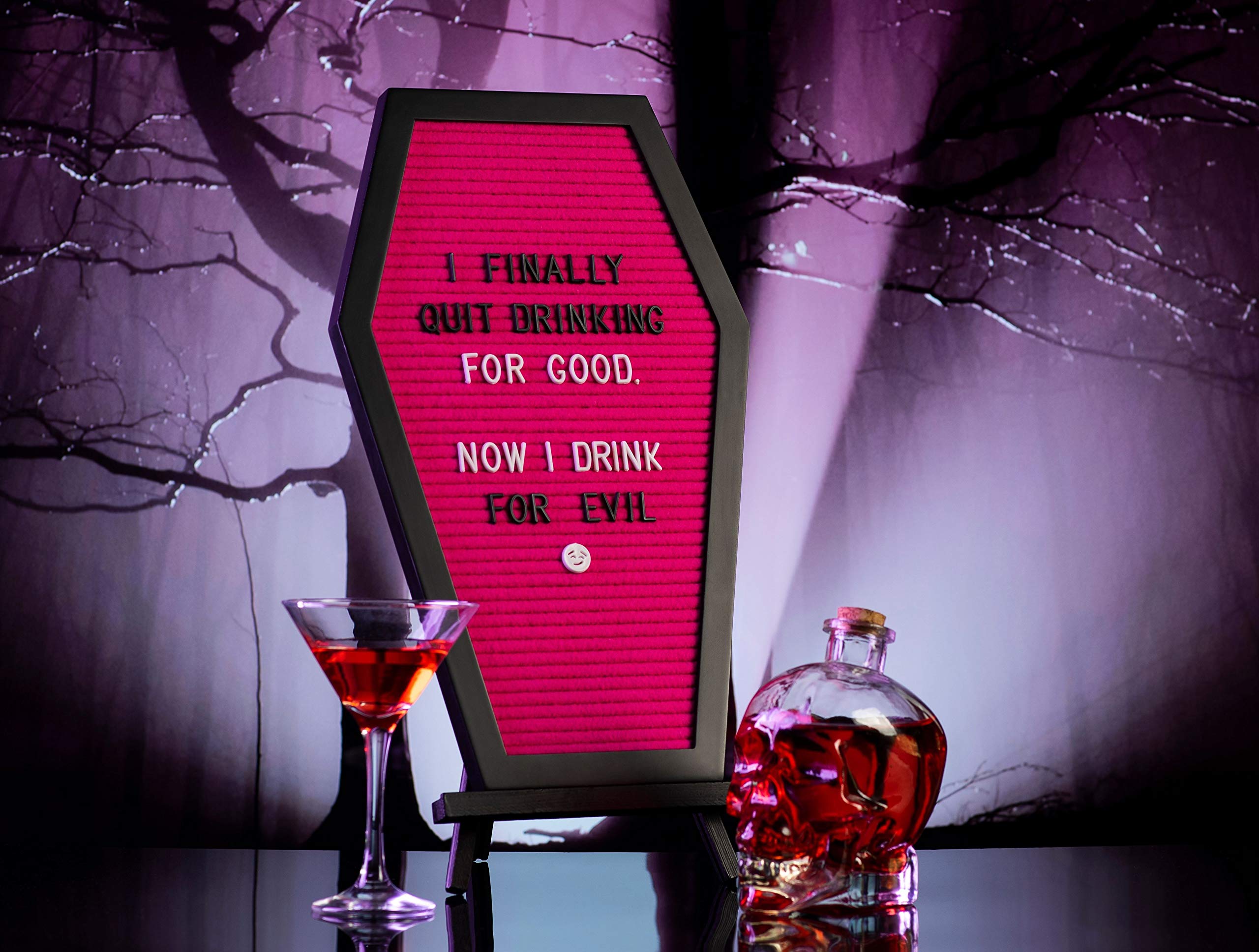 Coffin Letter Board +3D Bat Stickers +650 Characters, Spooky & Seasonal Emojis, Wooden Stand - 17x10.5 Inches - Coffin Shaped Goth Decor Sign Witchy Halloween Decorations Gothic Decor Birthday Wedding Home Spooky Gifts: Pink