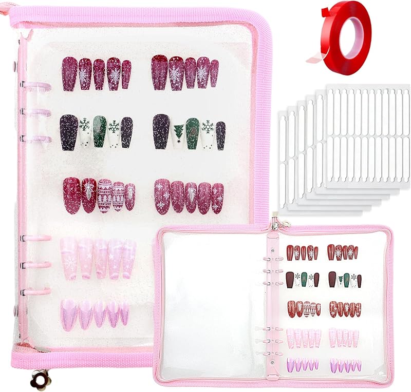 Organizador portátil em formato de livro Oskrieel para unhas postiças e joias, com 90 fitas adesivas dupla face