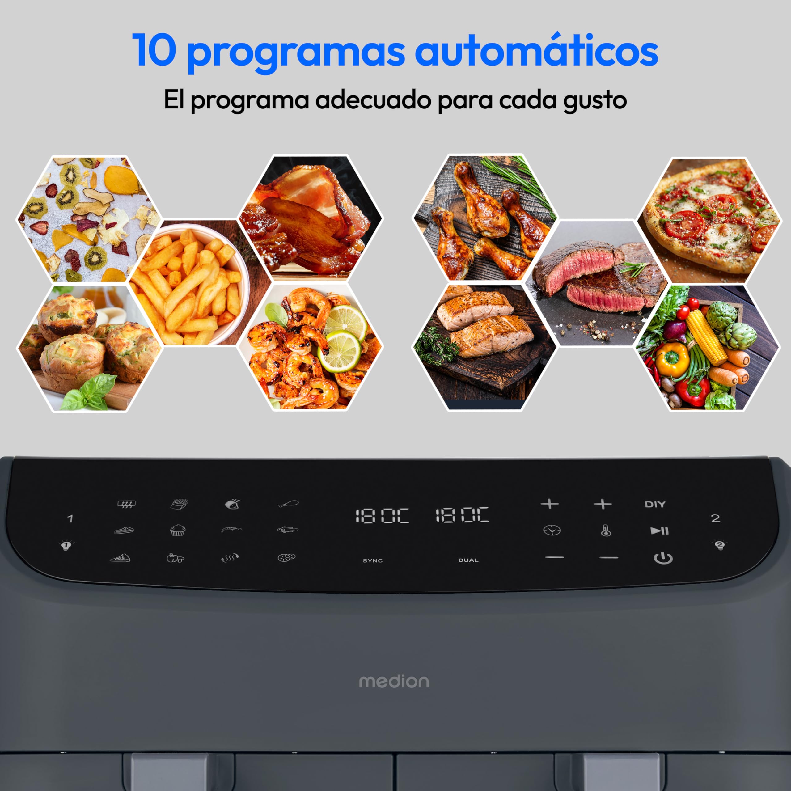 MEDION P20 XXL Freidora de Aire Doble Cesta MD11760 Gris Mate | 8,7 L, 2600 W, 10 Programas, 2 Cajones, Ventana, Air Fryer Dual XXL