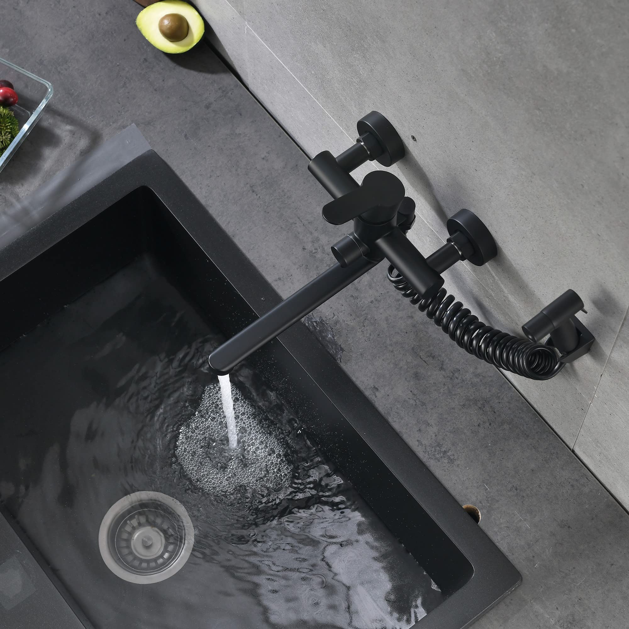 rubinetto da parete per cucina,Rubinetto per cucina a muro, Rubinetto da cucina con pistola girevole a 360°(Nero)
