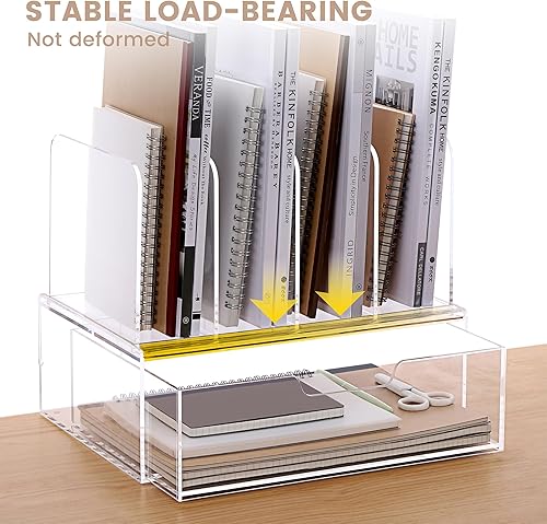 Miniatura 3 de DINGHUO Organizador de escritorio acrílico, clasificador vertical de 4 secciones, organizador de archivos de papel con bandeja de letras de cajón,