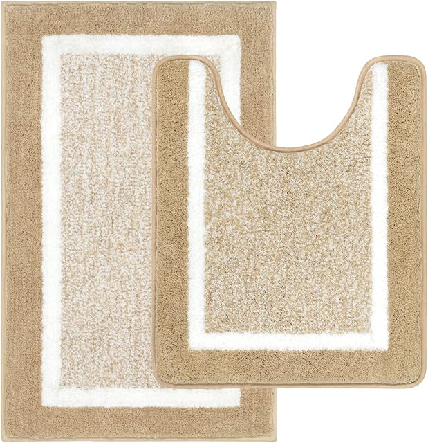 Pauwer Bathroom Rug Sets 2 Piece Ultra Soft Bathroom Floor Mats Non Slip Microfiber Bath Mat and U-shaped Toilet Rug Machine Washable Shower Mats(50X80cm+50X60cm, Beige)