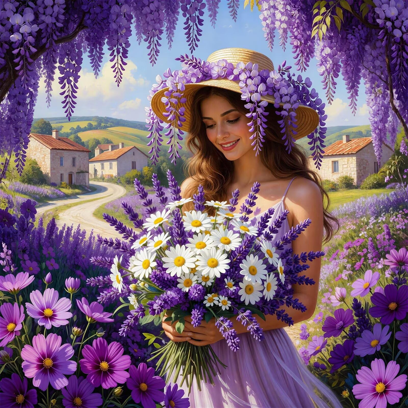 Jinmer Diamond Painting Chica de lilas moradas,5D Diamond Painting Kit Completo,DIY Cuadros de Diamantes para Adultos,Rhinestone Bordado Punto de Cruz Manualidades Hogar Pared Decoración 95x95 cm
