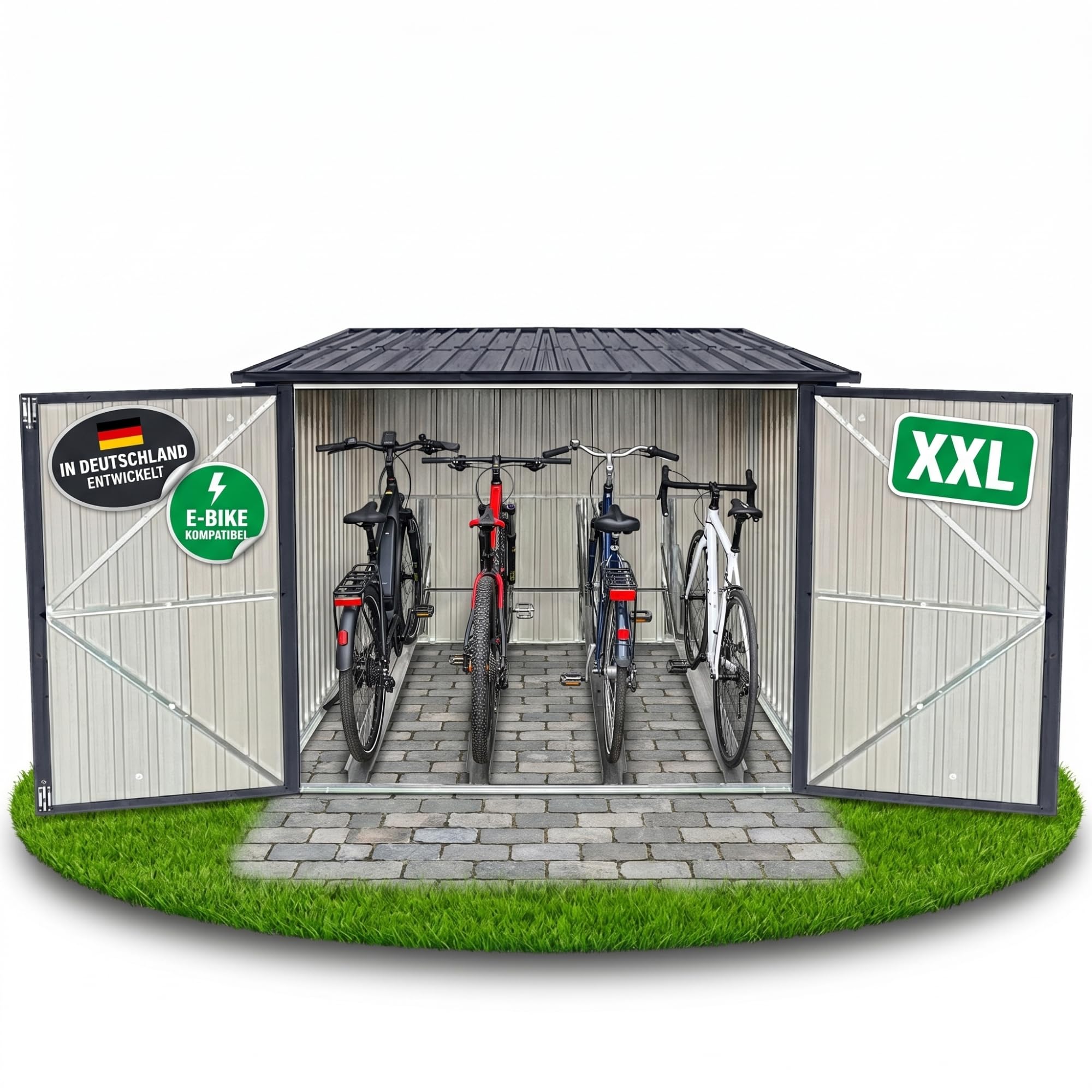 ALBATROS XXL Fahrradgarage Metall wetterfest & abschließbar, für 4 Fahrräder & E-Bikes, Fahrradbox 229x203x162 cm, Fahrradunterstand aus verzinktem Stahl RAL7016 anthrazit, Gartenbox mit Zubehör