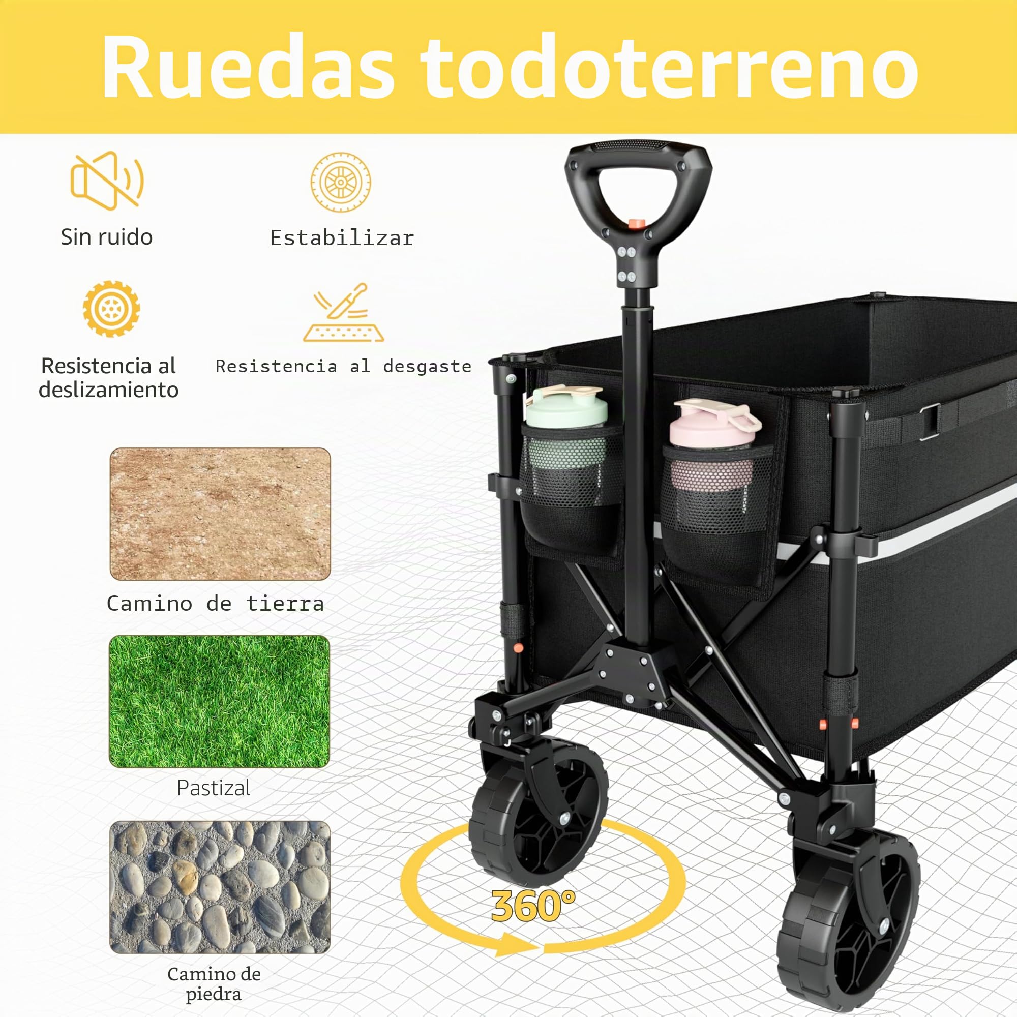 ROSONG Carro Playa Plegable con Ruedas Grandes Todo Terreno Carrito de Transporte Robusto Carro Playa con Bandas Reflectantes para Camping Jardín y Compra, Negro 120L