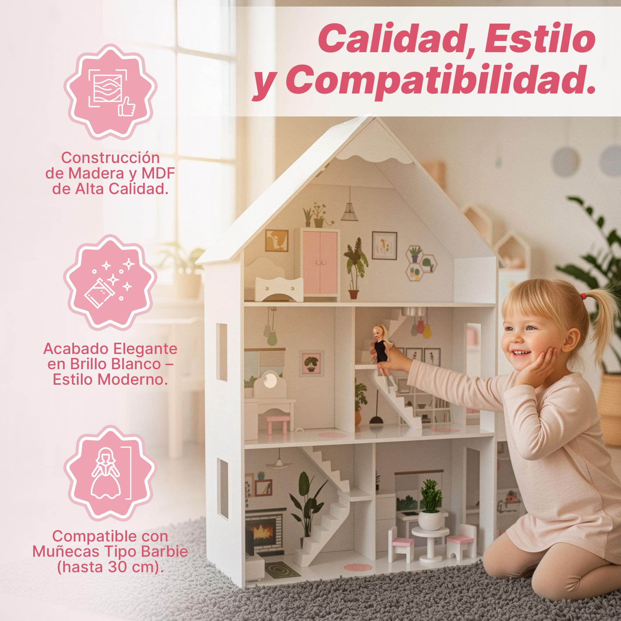 Barbie Casa de muñecas de madera grande 118 cm – Kinderplay 3 pisos casa de muñecas para niños con muebles, luz LED, pegatinas y accesorios – Casa de juegos de madera moderna regalo a partir de 3 años