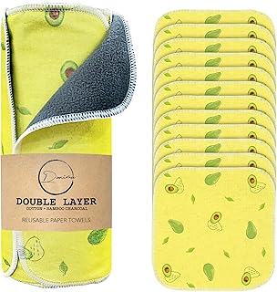 Reusable Paper Towels washable- 12pcs 2ply Zero Waste Unpaper Towels Kitchen Roll, 100% cotton and Bamboo charcoal Paper Towels Rolls, Highly Absorbent Kitchen Cleaning Towels