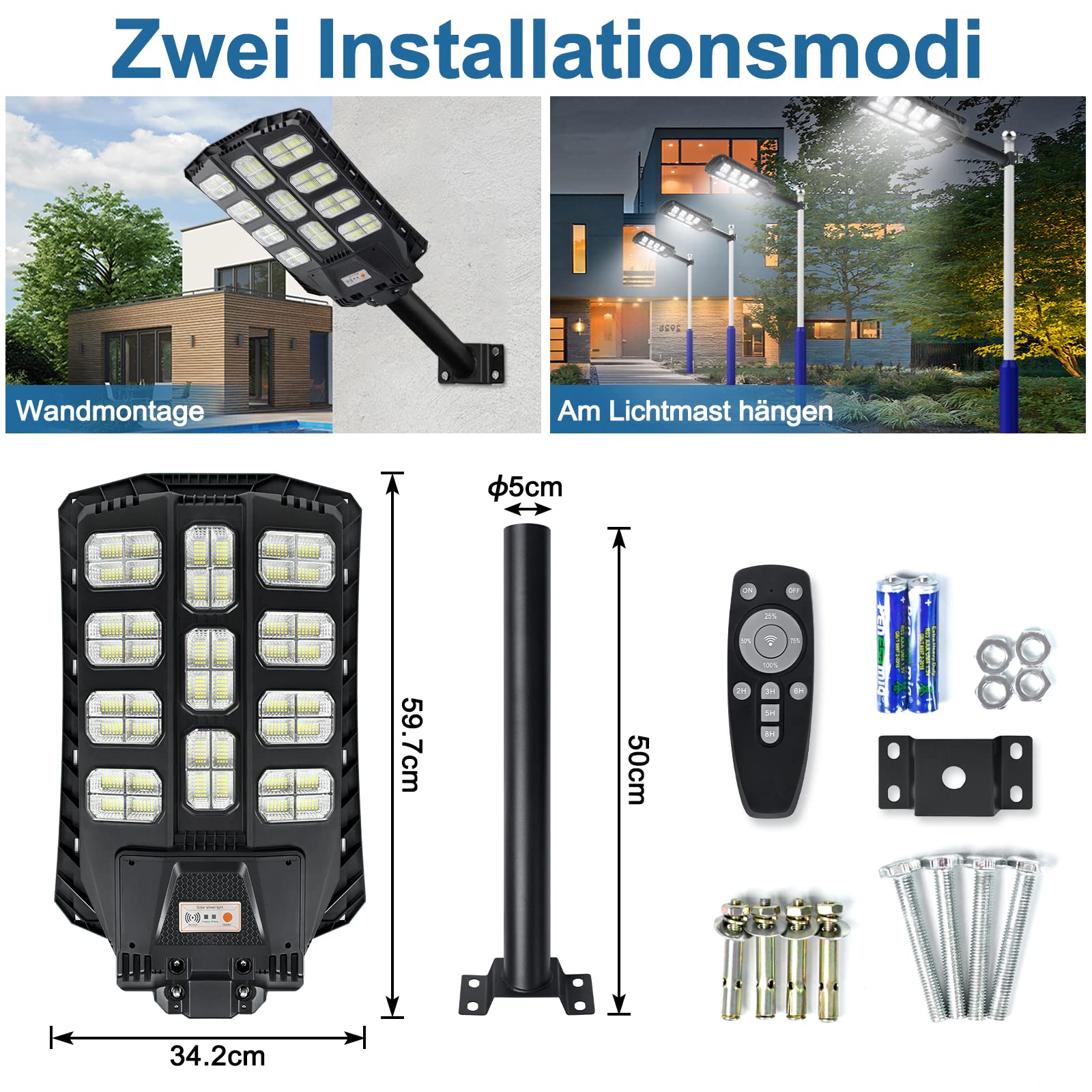 UISEBRT Lampada da strada a LED solare da 400 W, con telecomando, per esterni, lampada da strada, solare con sensore di movimento, IP65, impermeabile, luce solare per esterni, luce bianca fredda
