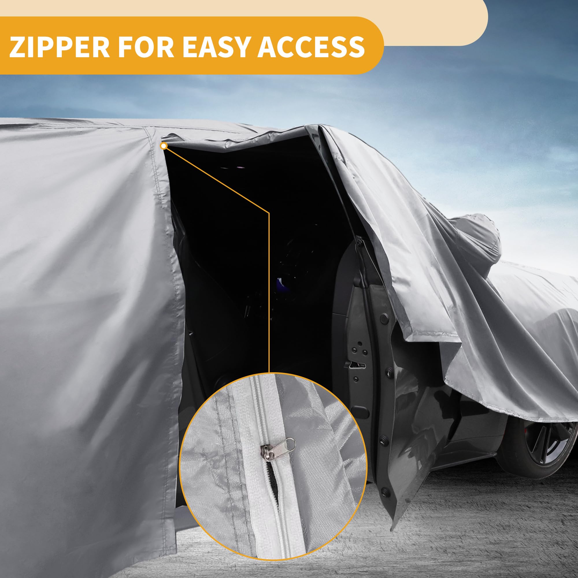 Partuto Waterproof All-Weather Universal Car Cover with Right Side Zipper 190T-PU Silver Tone Fits for Sedan 177 - — view 6