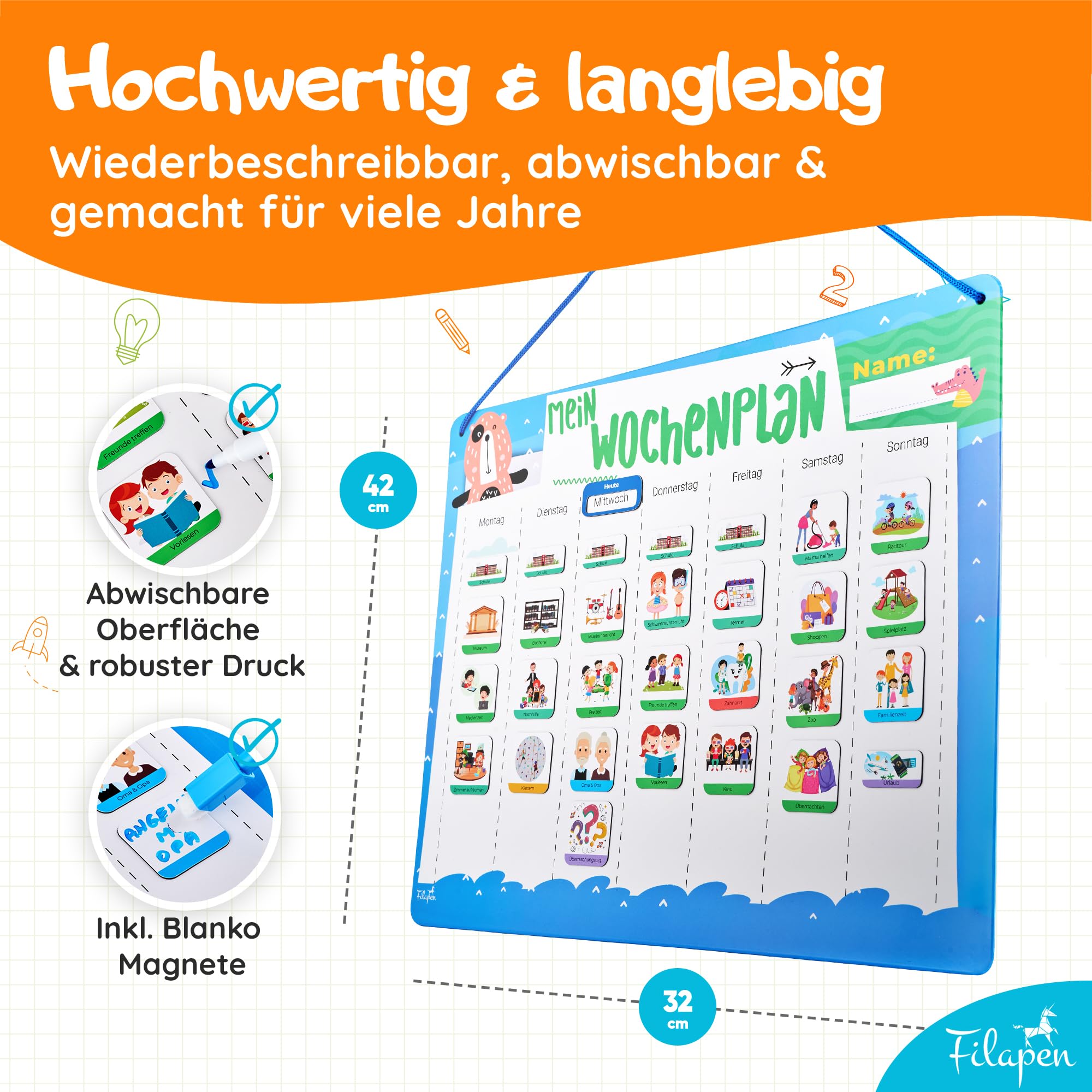 Filapen® Montessori planer tygodniowy dla dzieci – tablica magnetyczna w zestawie z 209 magnesami, woreczkiem materiałowym, długopisem i sznurkiem – planer zadań, kompletny zestaw do pisania i