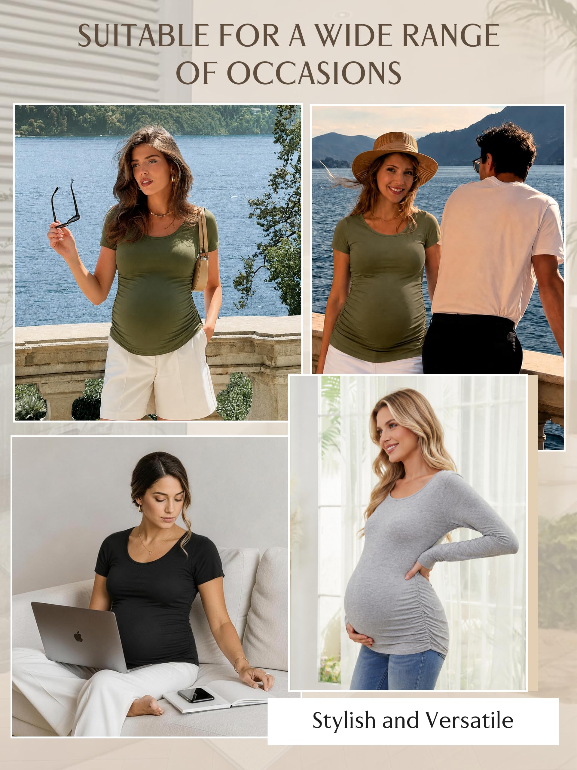 Lot de 3 t-shirts de maternité à manches courtes pour femme, noir + gris + vert armée, M