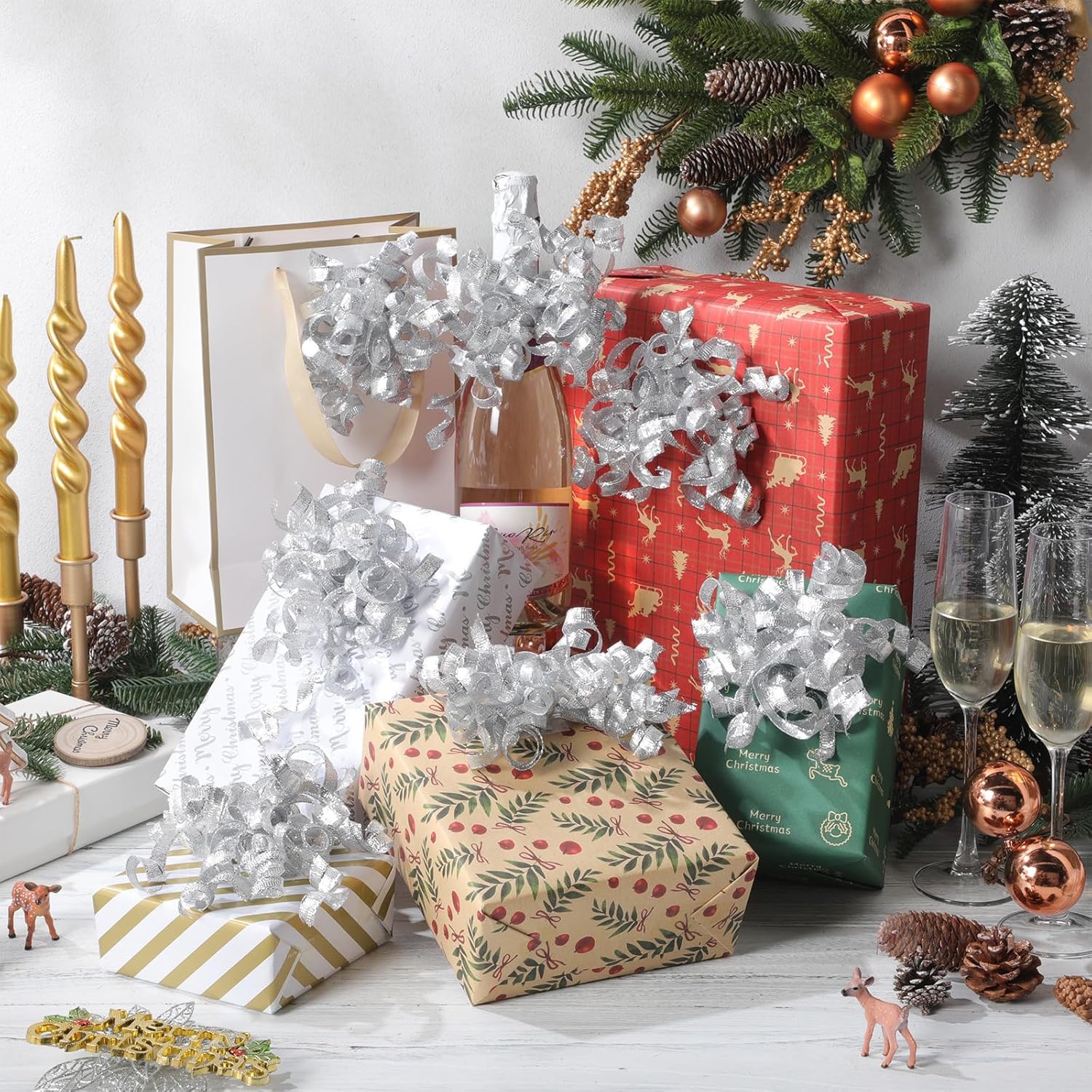 12 Pcs Large Christmas Bows for Gift Wrapping 5 Inch Metallic Curly Ribbon Bows Self Adhesive Burst Gift Bow for Xmas Presents Wine Bottle Treat Bags Party Decorations(Silver) - Image 4