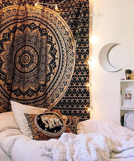 raajsee Black Gold Mandala Tapestry for Bedroom- Aesthetic Tapestry - Indie Wall Tapestry Hippie Room Decor - Boho Tapestrys -Trippy Small Tapestry Wall Hanging 52x82 Inches