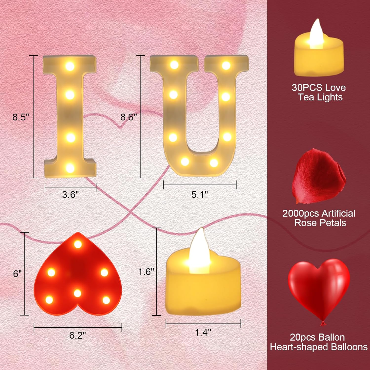 Wondise I Love U Light Up Letters, I Love U Sign Proposal Decorations with 30Pcs Flameless Tea Lights 2000Pcs Red Rose Petals 20Pcs Red Balloons for Valentine's Day Wedding Proposal Romantic Night