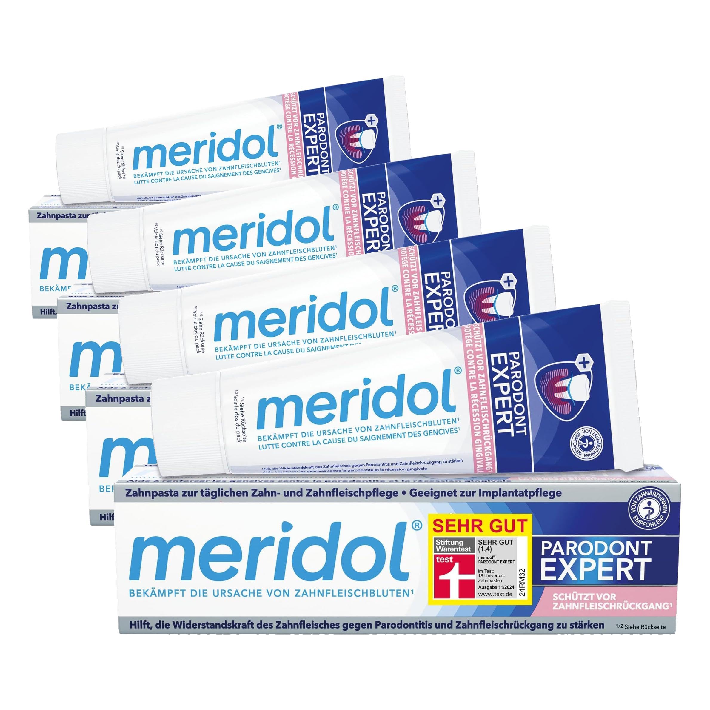 Meridol - Parodont Expert 75 ml, Pasta de dientes, tiene un efecto antibacteriano y, por lo tanto, apoya el proceso de curación natural de las encías, el empaque puede variar (Paquete de 4)