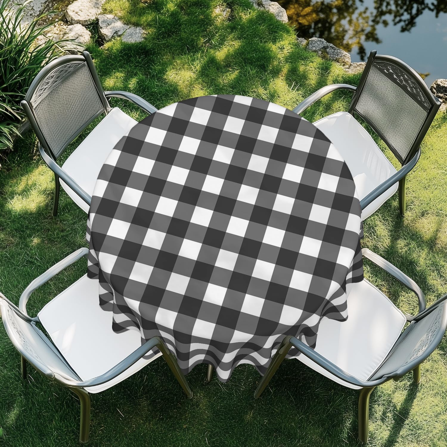ARTSGOO Black and white checkered Round Tablecloth 60 Inch Durable Wipe-Clean Waterproof Table Cloth for Dining Table, Kitchen, Party, Wedding & Outdoor Use - Black and white checkered