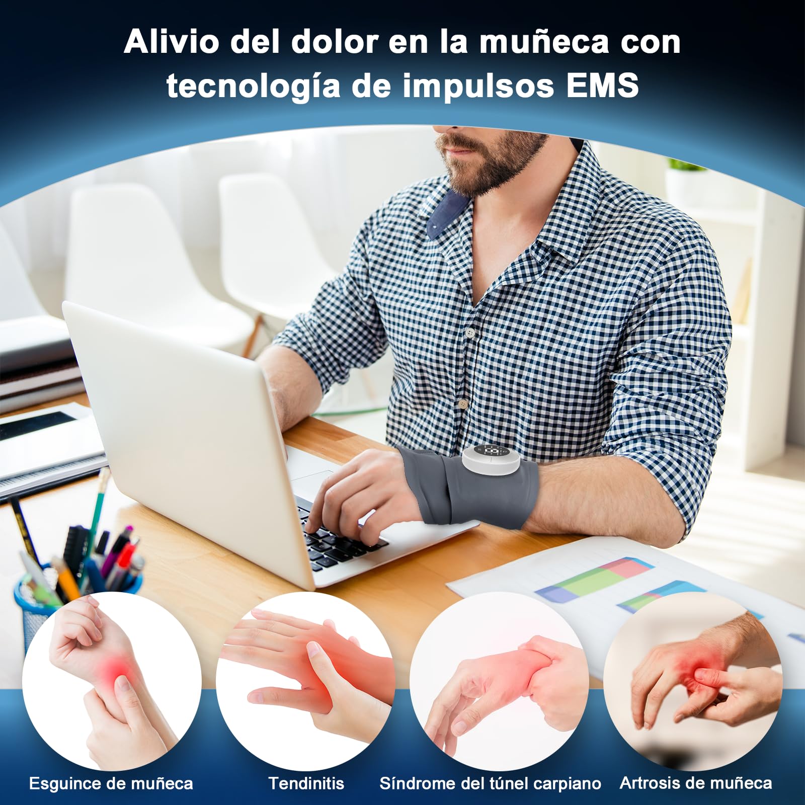 Masajeador de Muñeca EMS, Masajeador de Manos Inalámbrico con Calor, 6 Modos/19 Intensidades, Soporte de Muñeca para Tendinitis y Síndrome del Túnel Carpiano, Vendajes de Izquierdo/Derecho