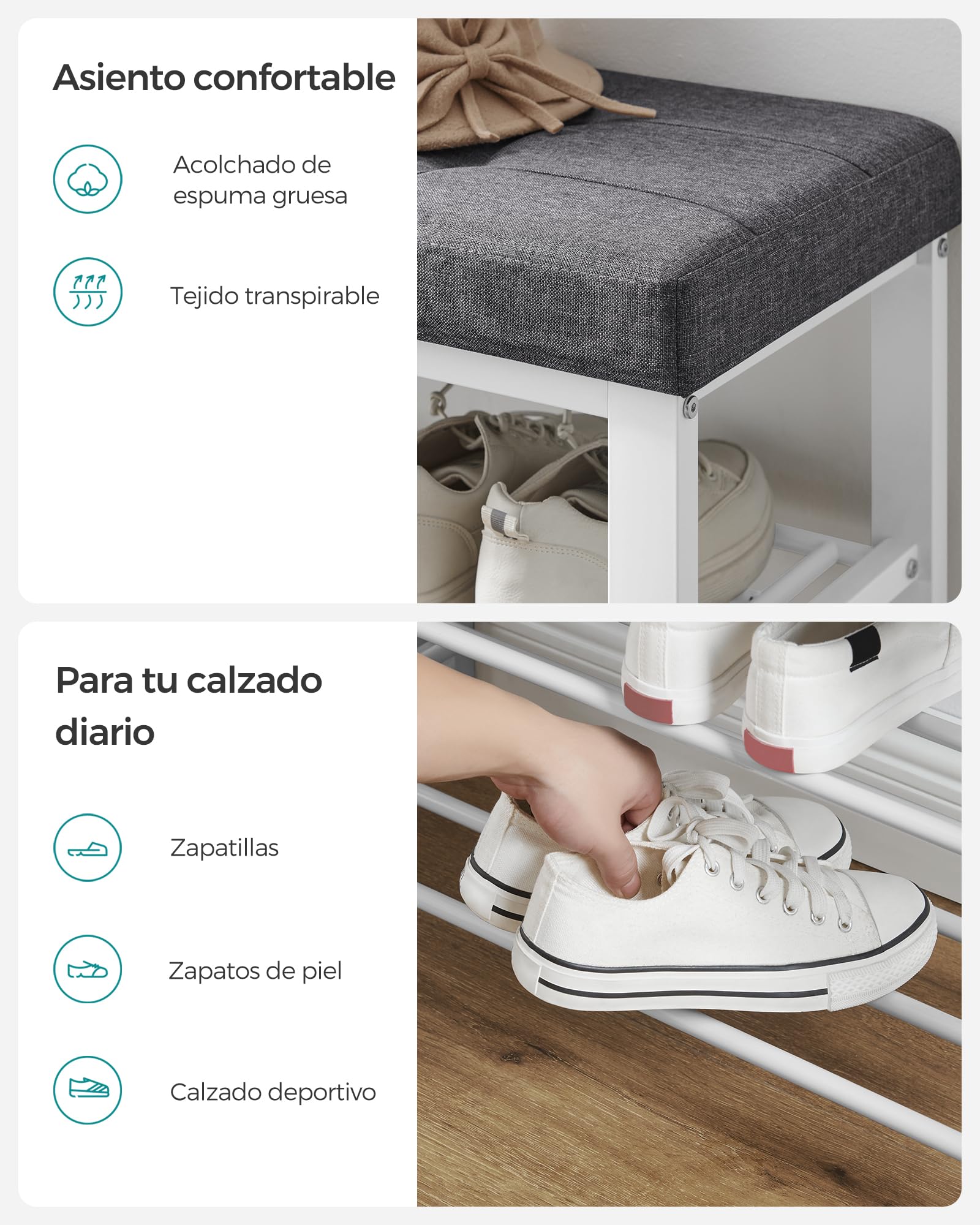 SONGMICS Banco Zapatero, Zapatero de 3 Niveles, Organizador Zapatos con Asiento Acolchado de Espuma, Lino, Marco de Metal, para Sala de Estar, Pasillo, 31 x 81 x 49 cm, Blanco y Gris LBS057W03