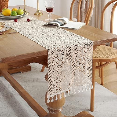 Camino de mesa bohemio beige vintage, elegante, rústico, bohemio, macramé con borlas, camino de mesa para boda, fiesta, despedida de soltera, café,
