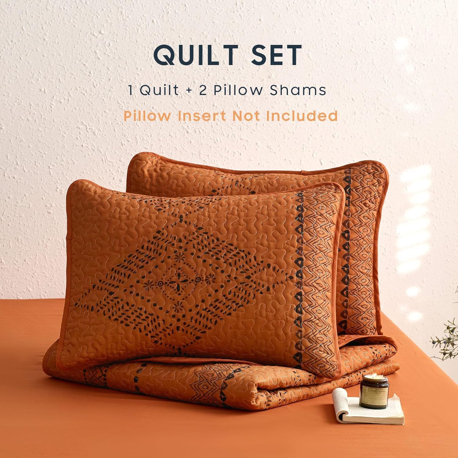 Wake In Cloud - Western Quilt Set, Southwestern Aztec Boho Chic Rustic Farmhouse Pattern, Reversible Lightweight Bedspread Coverlet, 3 Pieces, Burnt Orange, King Size