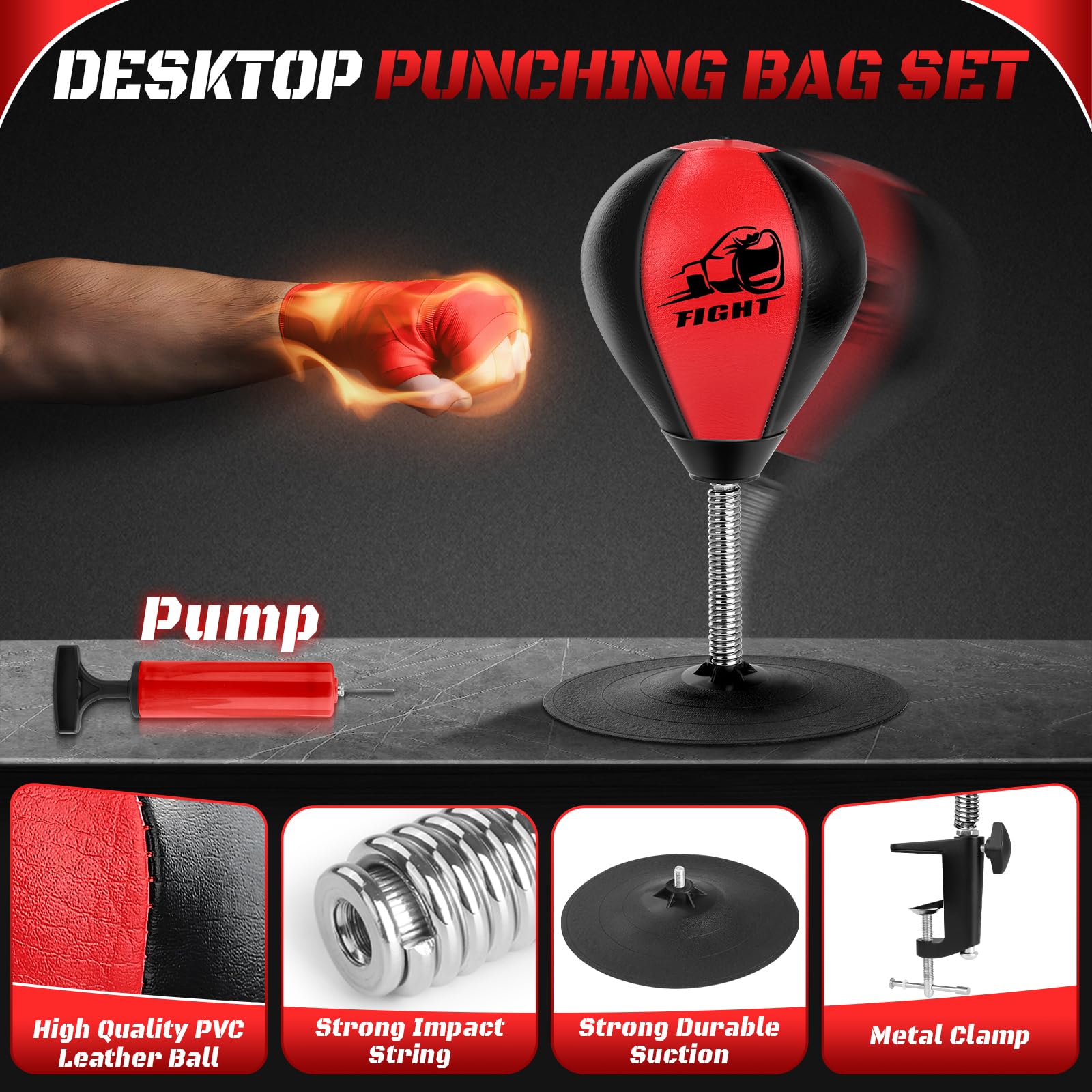 Sacco da Boxe da Tavolo, Punching Ball con Ventosa Super Forte e Morsetto da Scrivania per Tavolo da Ufficio e Banconi, Regalo Divertente per Amici o Colleghi