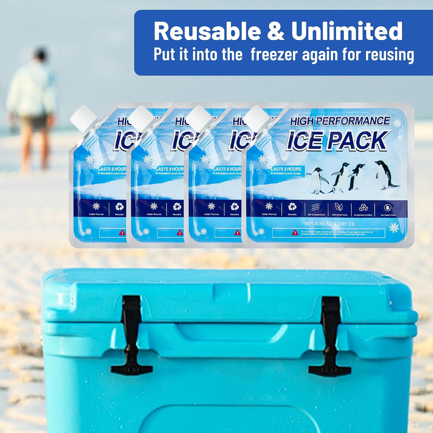 Reusable Ice Packs for Cooler, 4 Pack Freezer Ice Packs for Lunch Boxes, Cooler Ice Packs for Camping Gear, Fishing