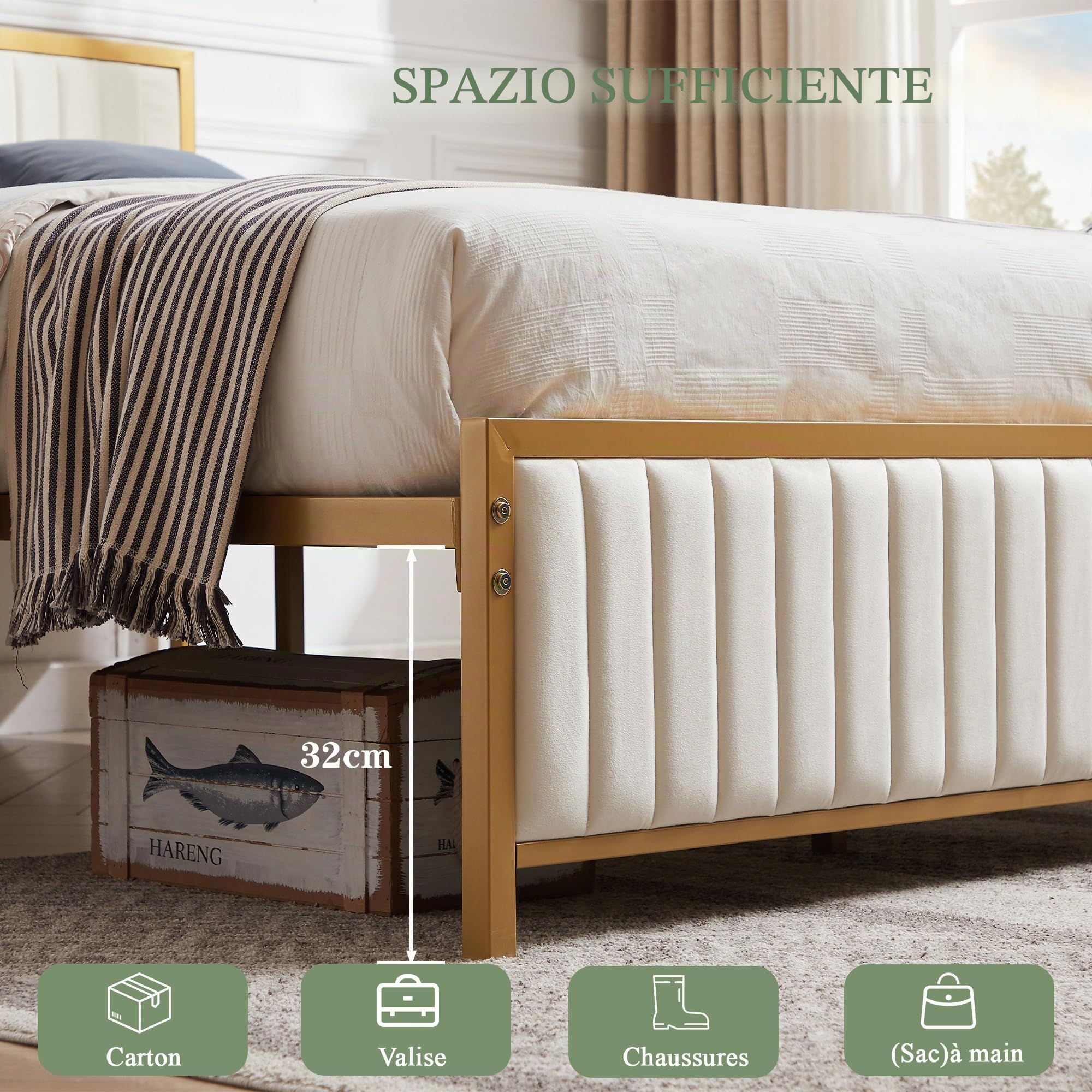 VECELO Letto matrimoniale imbottito 140 x 190 cm, piattaforma, supporto a doghe in legno solido, nessuna rete imbottita necessaria, tessuto vellutato, facile da montare, beige