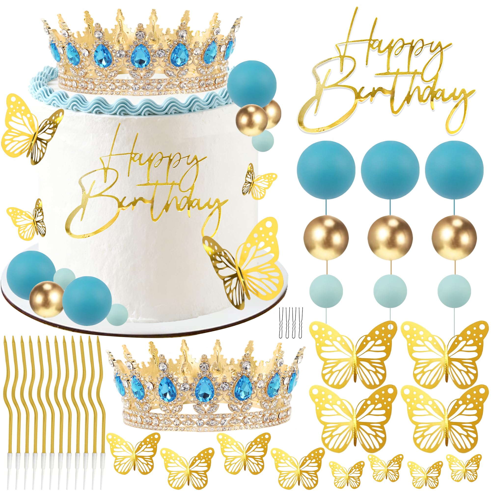 Photo 1 of **MISSING PARTS-ONLY CROWN AND BUTTERFLIES****AMZVALU Crown Cake Topper, Blue & Gold Crown Balls Happy Birthday Cake Toppers Candles Butterfly, Corona Para Pastel, Crown Cake Decorations for Women Queen Princess Men (Gold, Lake Blue)