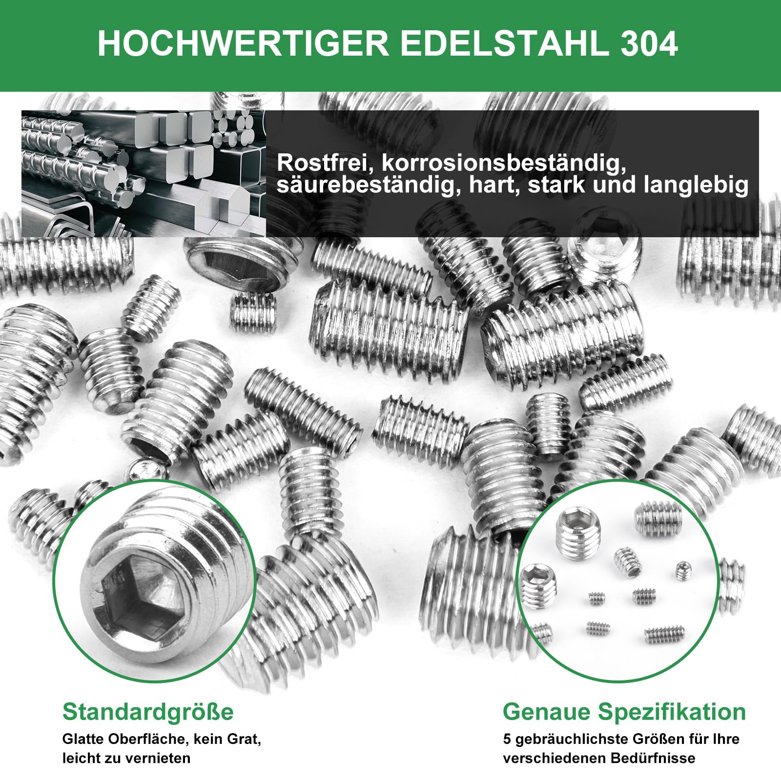 Foliv Set of 676 Grub Screws Assortment Set Stainless Steel M3 M4 M5 M6 M8 Grub Screws/Hexagon Socket Grub Screws DIN 913 - Image 3