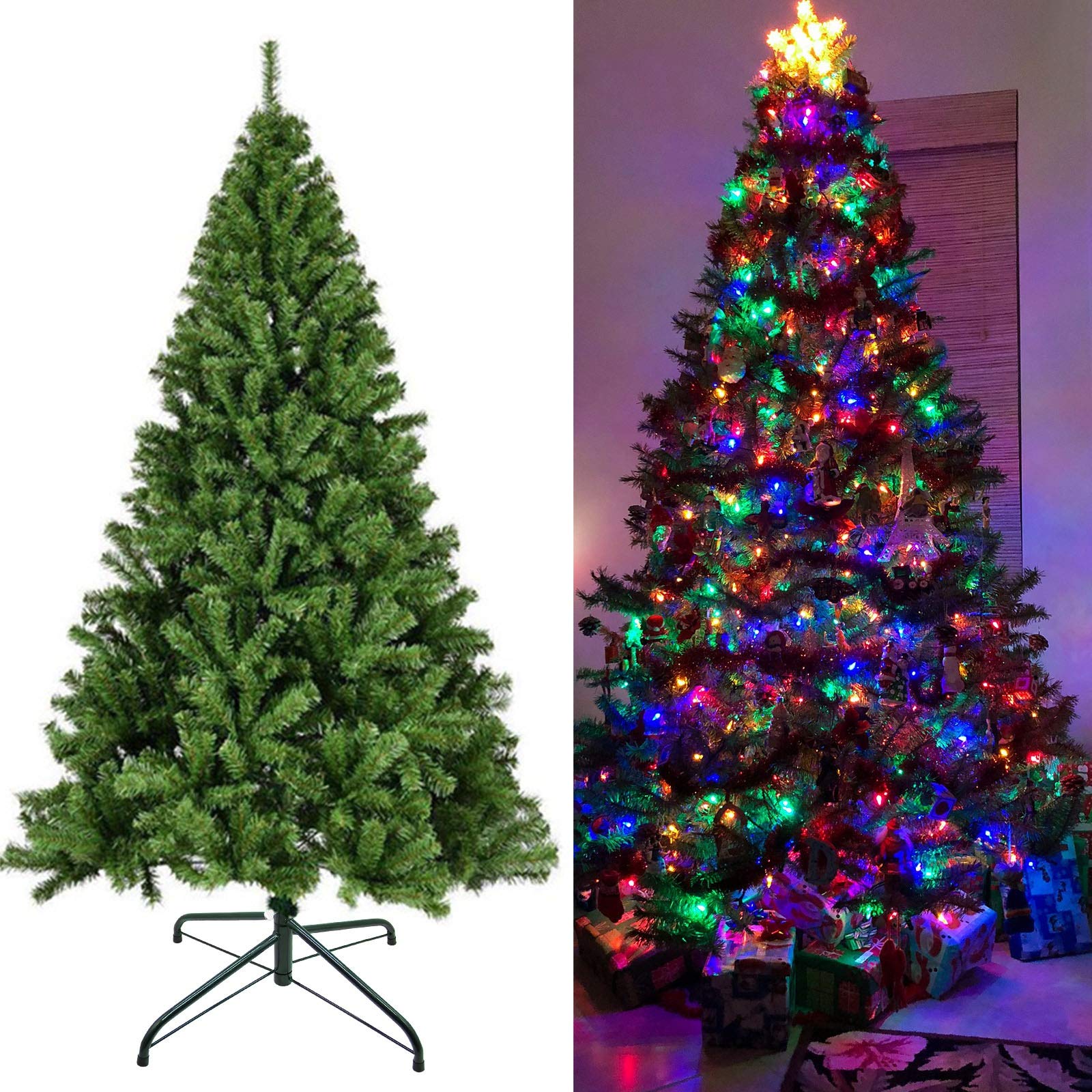 Juegoal 6 ft Artificial Christmas Tree with 300 LED Multicolor String Lights (NOT Pre-Strung) 8 Lighting Modes Fake Xmas Tree with Durable Metal Legs, 850 Tips