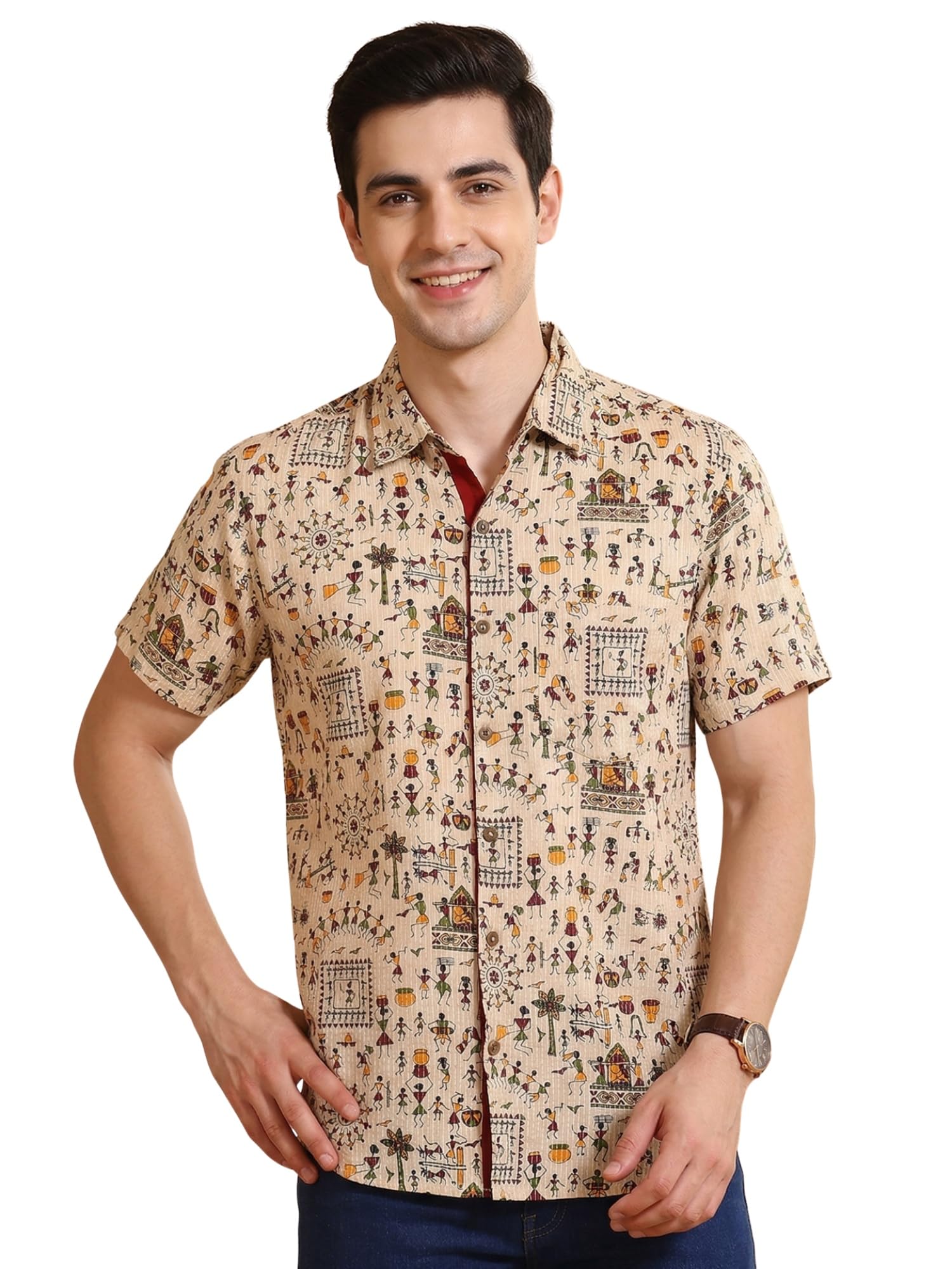 Yash Gallery Men's Cotton Warli Print Shirt Collar Regular Shirt