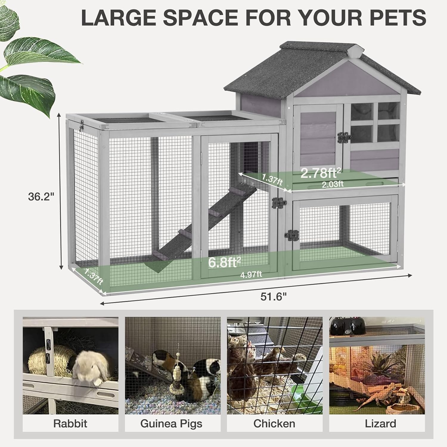Rabbit Hutch Indoor Outdoor Bunny Cage with 5 Access Doors, Run, Pull-Out Deeper Leakproof Tray and Waterproof Roof