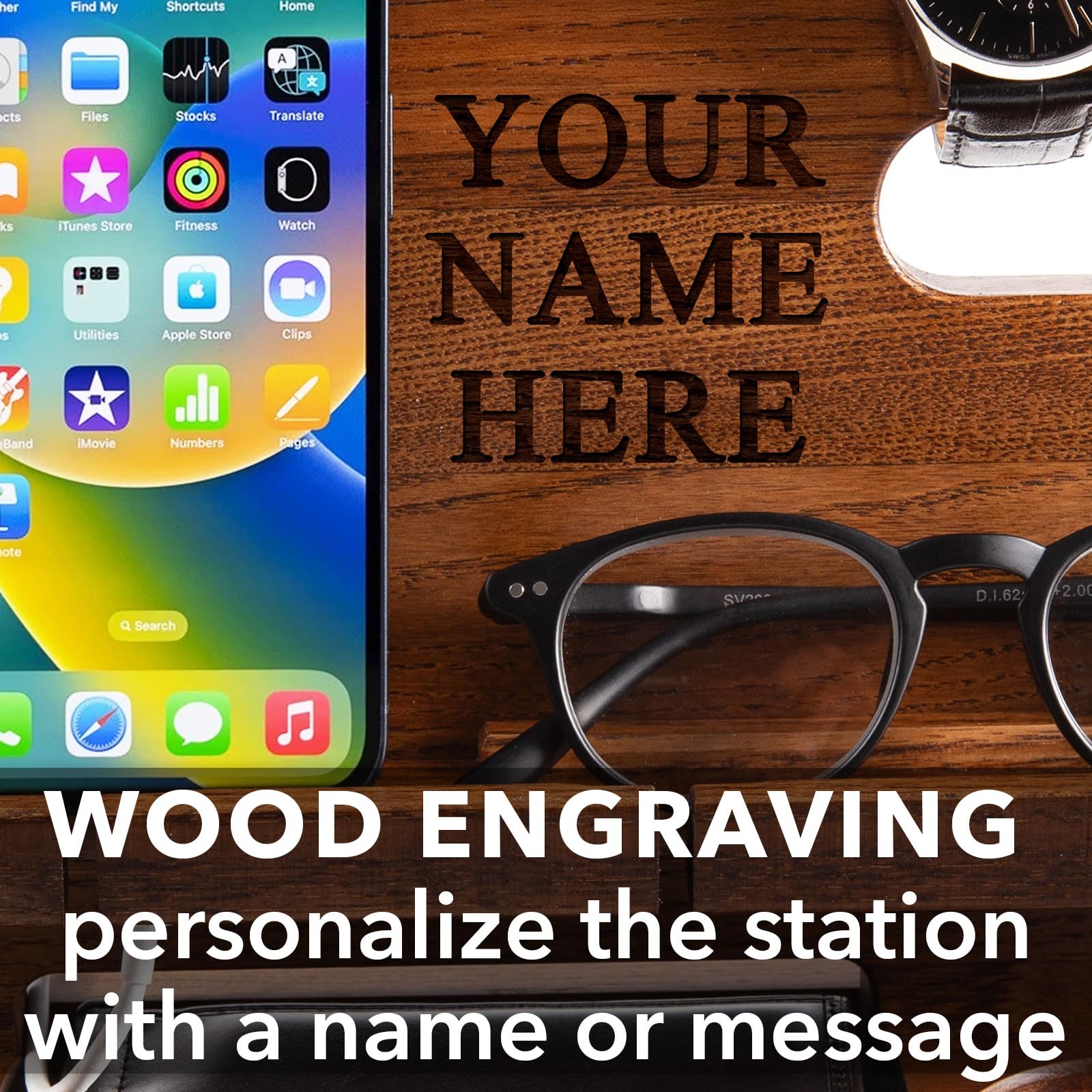 Greta Oto Estación de Carga de Madera Personalizado para Movil, Tableta, Cartera, Gadgets, Reloj, Llaves, Soporte Escritorio de Trabajo, Mesita de Noche, Regalos para Hombre (Marrón)
