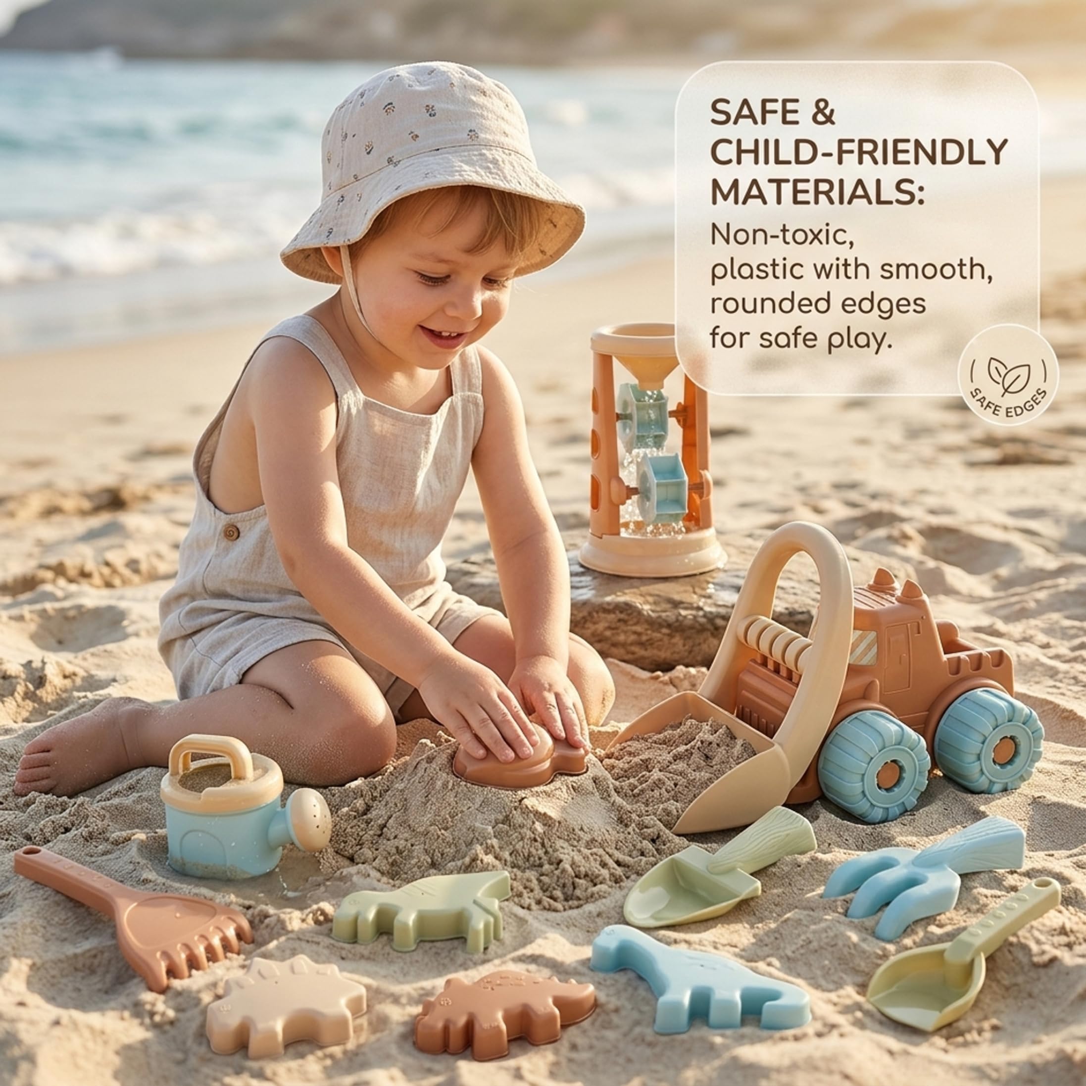 Giochi con sabbiera, 19 Pezzi: Set Giochi con Sabbia - Giocattolo da Spiaggia per Bambini da 1 a 3 Anni con Carrello, Clessidra, stampi e Pale, Colore Cammello