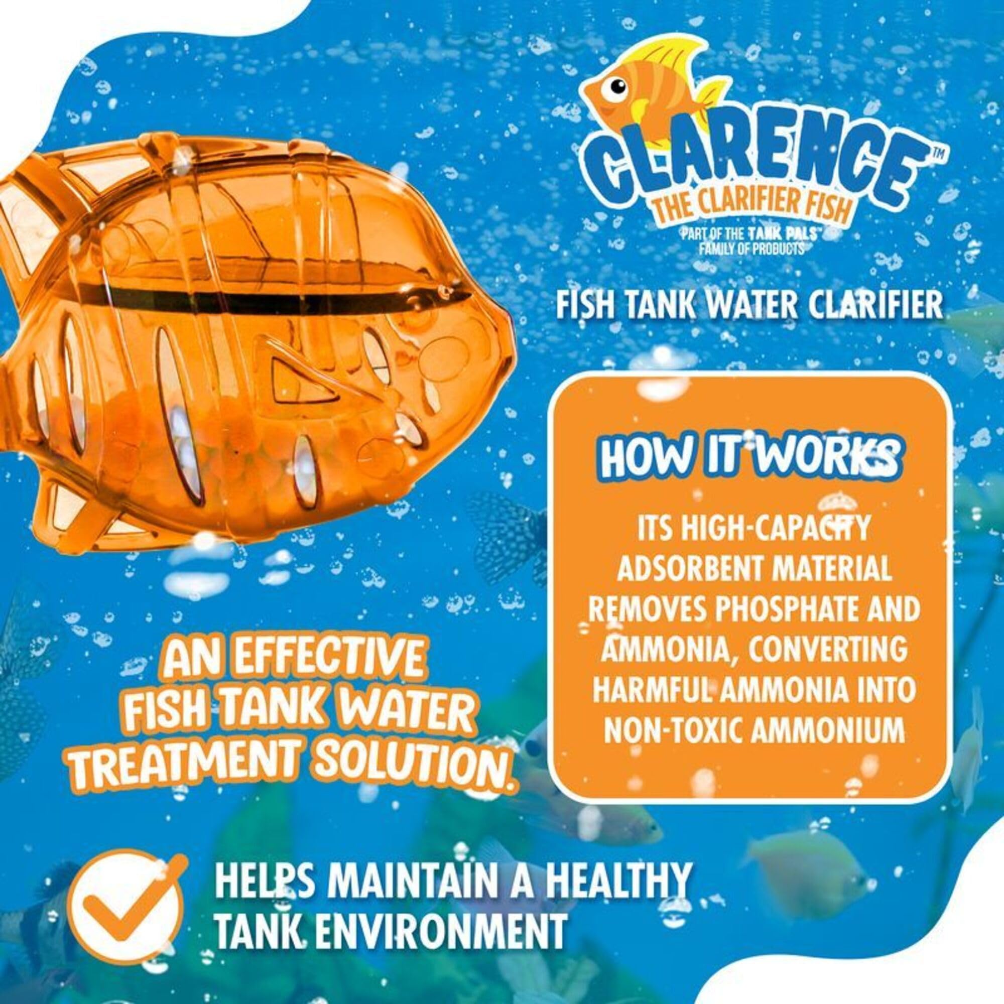 Clarence the Clarifier Fish Chiarificatore per acquario, trattamento dell'acqua trasparente e nuvoloso, sicuro per pesci e piante d'acqua dolce e salata, arancione, confezione da 3