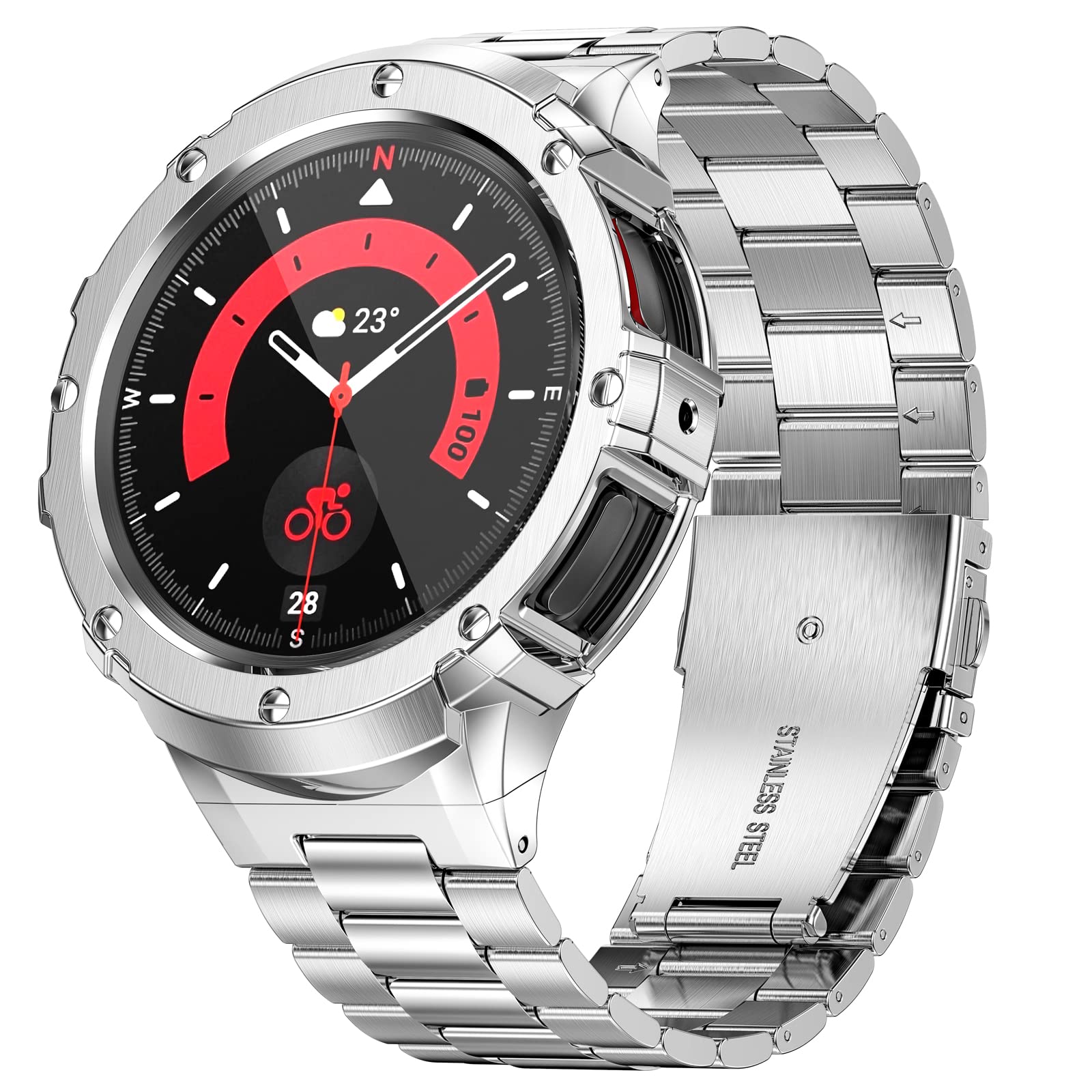 SUPLINK Metal Case with Band Compatible Samsung Galaxy Watch 5 Pro Band 45mm?2022?/Galaxy Watch 5 44mm (2022) / Galaxy Watch 4 44mm (2021),Solid Stainless Steel Protective Cover Strap for Men