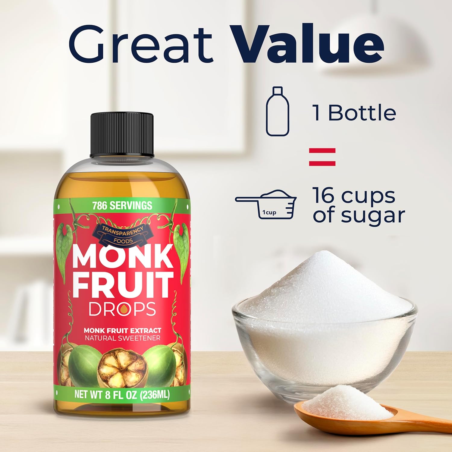 Monk Fruit Extract (6 Drops = 1 Tsp of Sugar) Zero Calories, Non-GMO, No Fillers - Liquid Monk Fruit Sweetener No Erythritol by Transparency Foods NEW FORMULA (8oz, 786 servings)