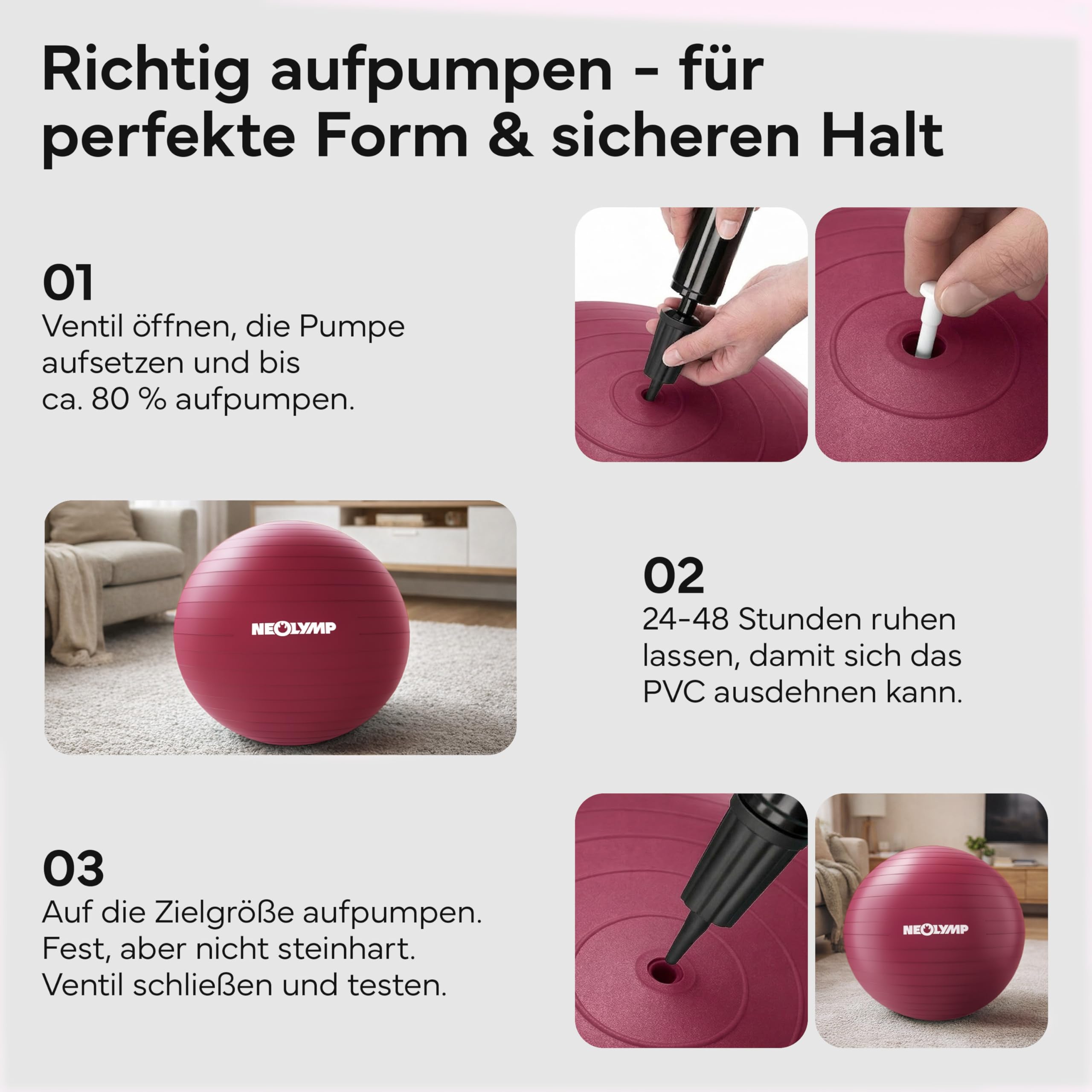 NEOLYMP Gymnastikball - Sitzball Büro ergonomisch in 3 Größen S/M/L - bis 300 kg belastbar, rutschfest & Anti Burst - Pilates Ball, Pezziball, Schwangerschaftsball, Yoga Ball für Homeoffice