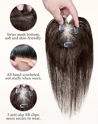 Miniatura 5 de Toppers de cabello humano real para mujer – 3603D cubierta con clip en flequillo para uso diario (marrón oscuro)