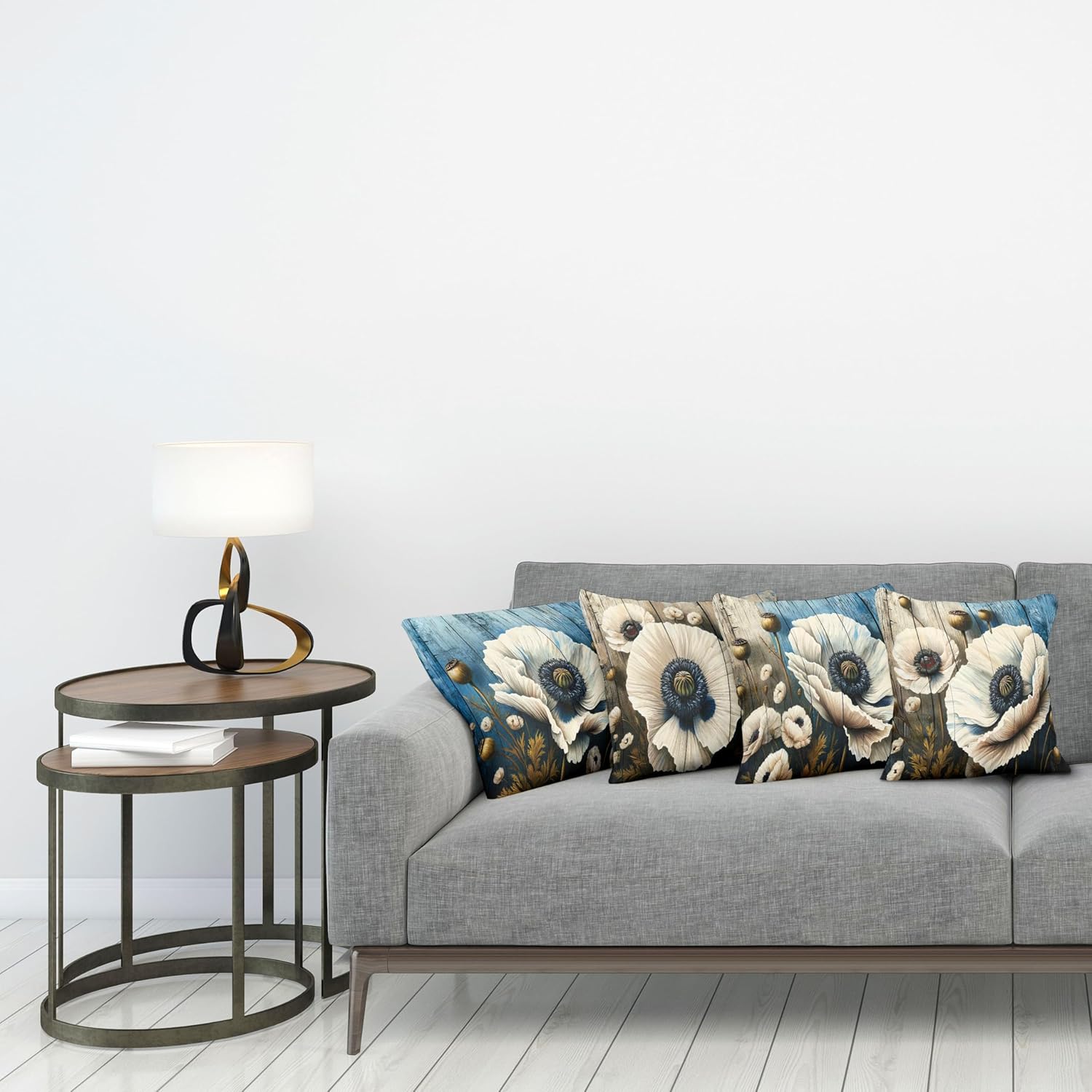 Ambesonne Flower Throw Pillow Cushion Cover Set of 4, Rustic Floral Motif with Brushstroke Details Bold Poppy Blossoms Print, Decorative Accent Double-Sided Printing, 20", Blue Dark Tan and Fawn