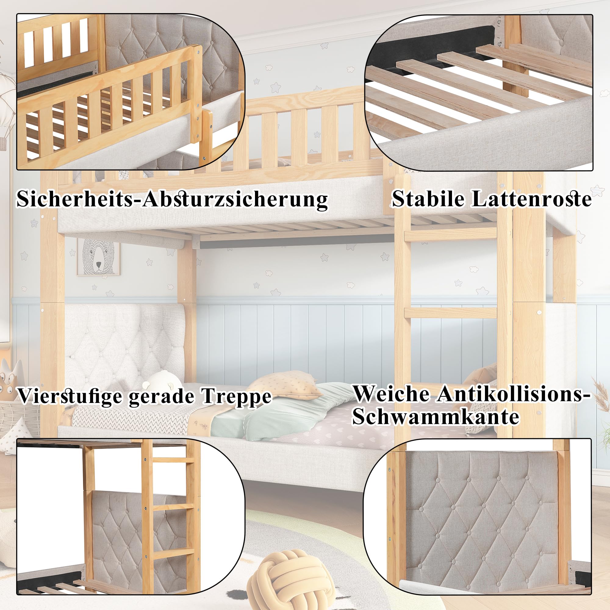 Etagenbett 90x200cm, Kinderbett mit Weiche Antikollisions-Schwammkante und Vierstufige Gerade Treppe, Stabile Lattenroste, Kautschukholz+MDF, Grau+Natur,Ohne Matratze