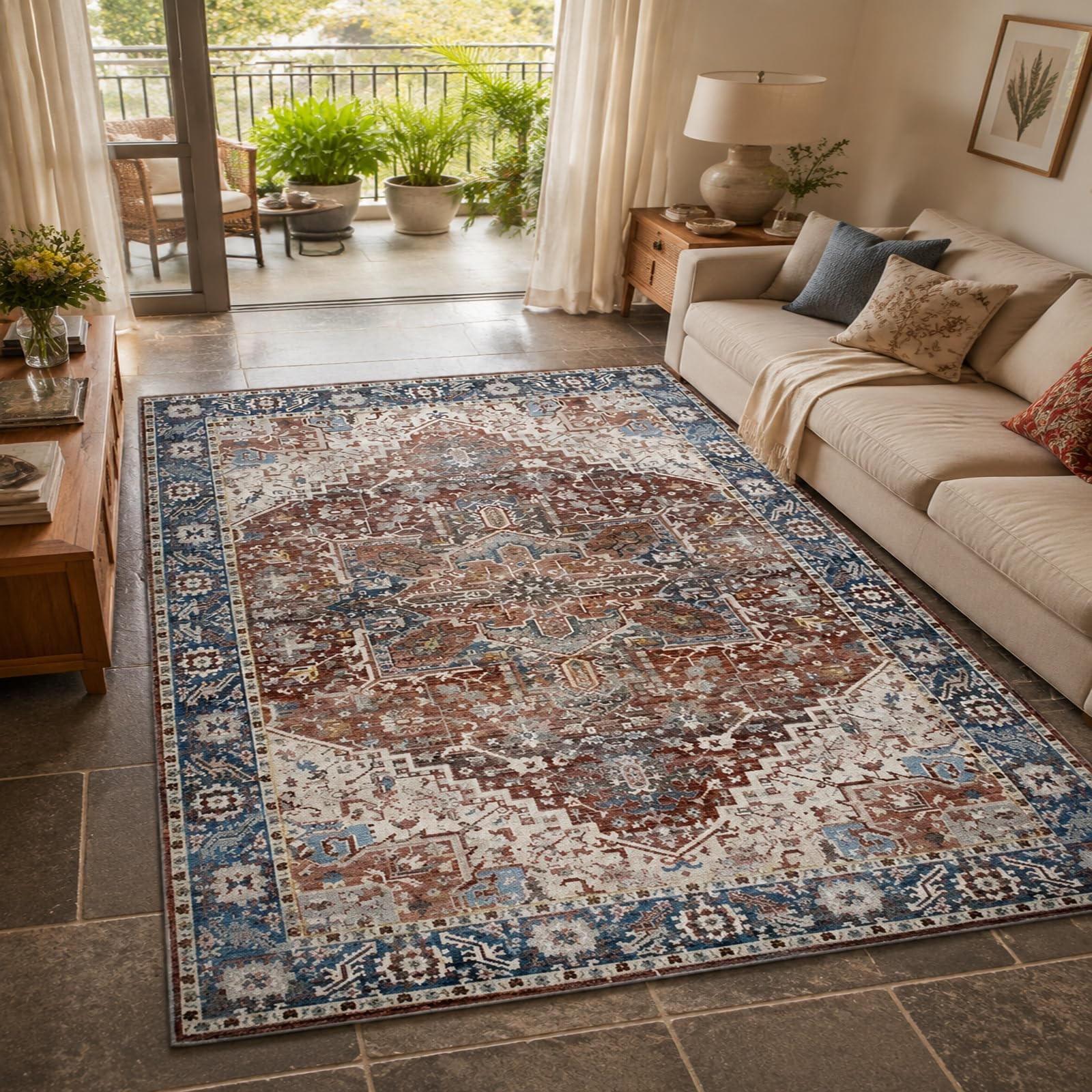 Tapis oriental bleu et marron haut de gamme 200x300 cm pour décoration salon contemporaine