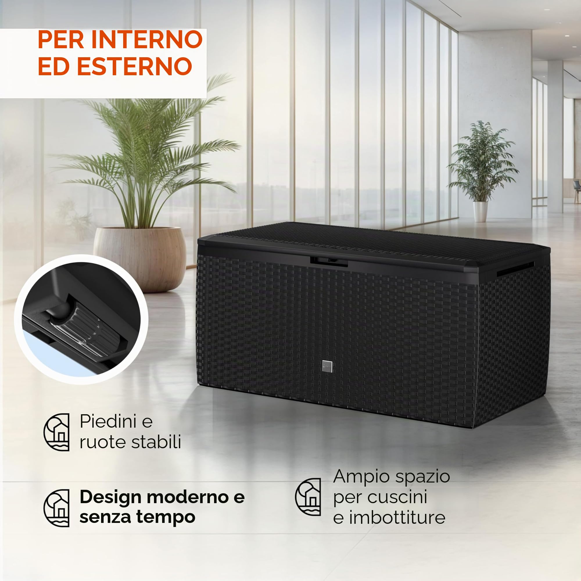 Casaria® Baule da Giardino 117x47x60cm Aspetto Polyrattan 290L Box Multiuso Multibox Cuscini 6 Ruote Coperchio Esterno
