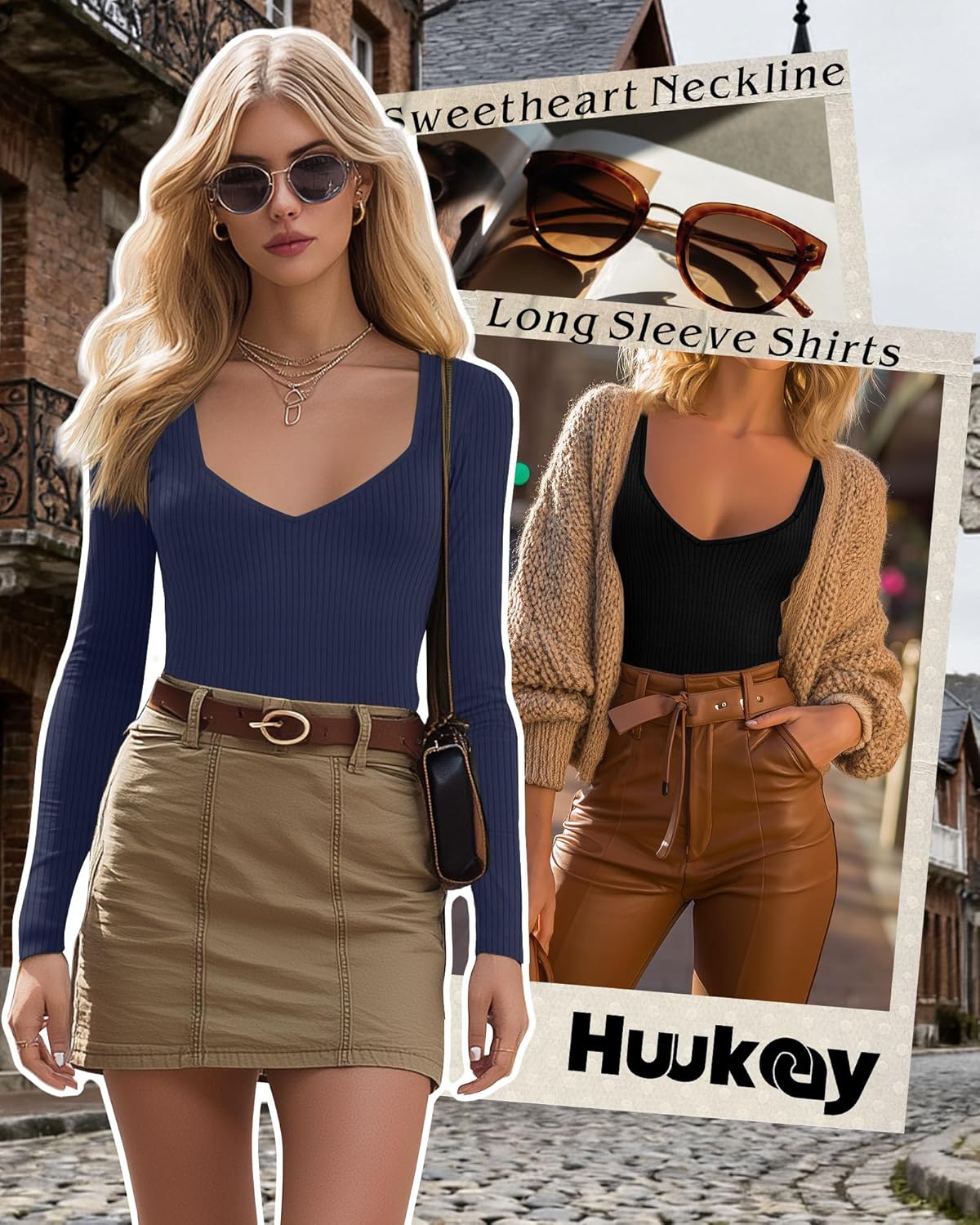 Huukeay 3 Pack Women's Ribbed Long Sleeve Shirts, Sexy Sweetheart Neckline Tops Fall Knit Slim Fit T-Shirt Y2k Going Out Tees - Image 2